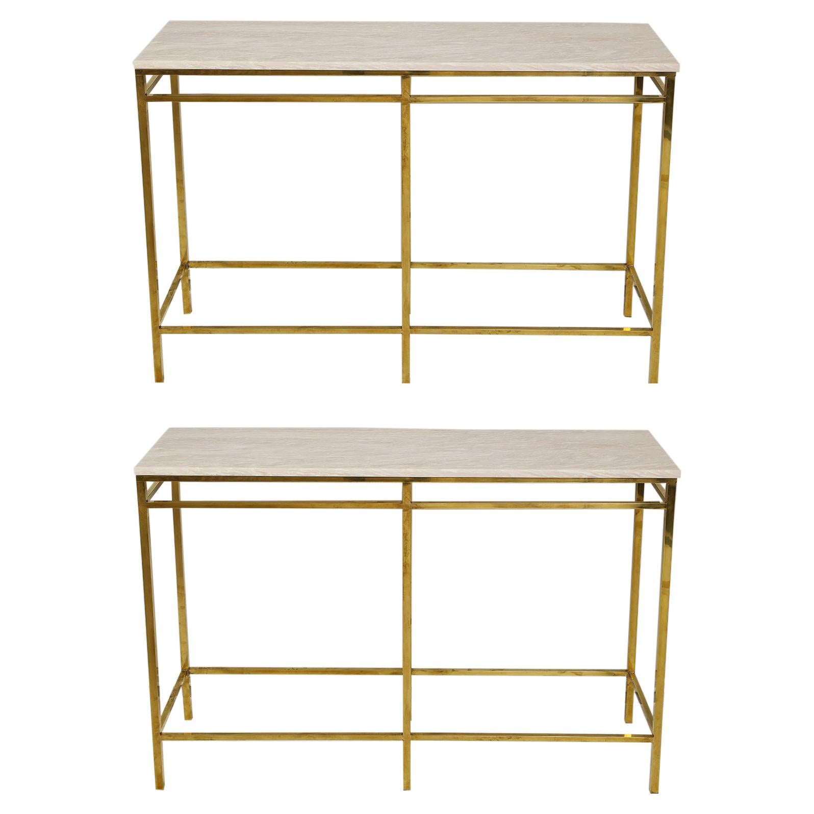 Contemporary Pair of Brass Consoles with Onyx Tops