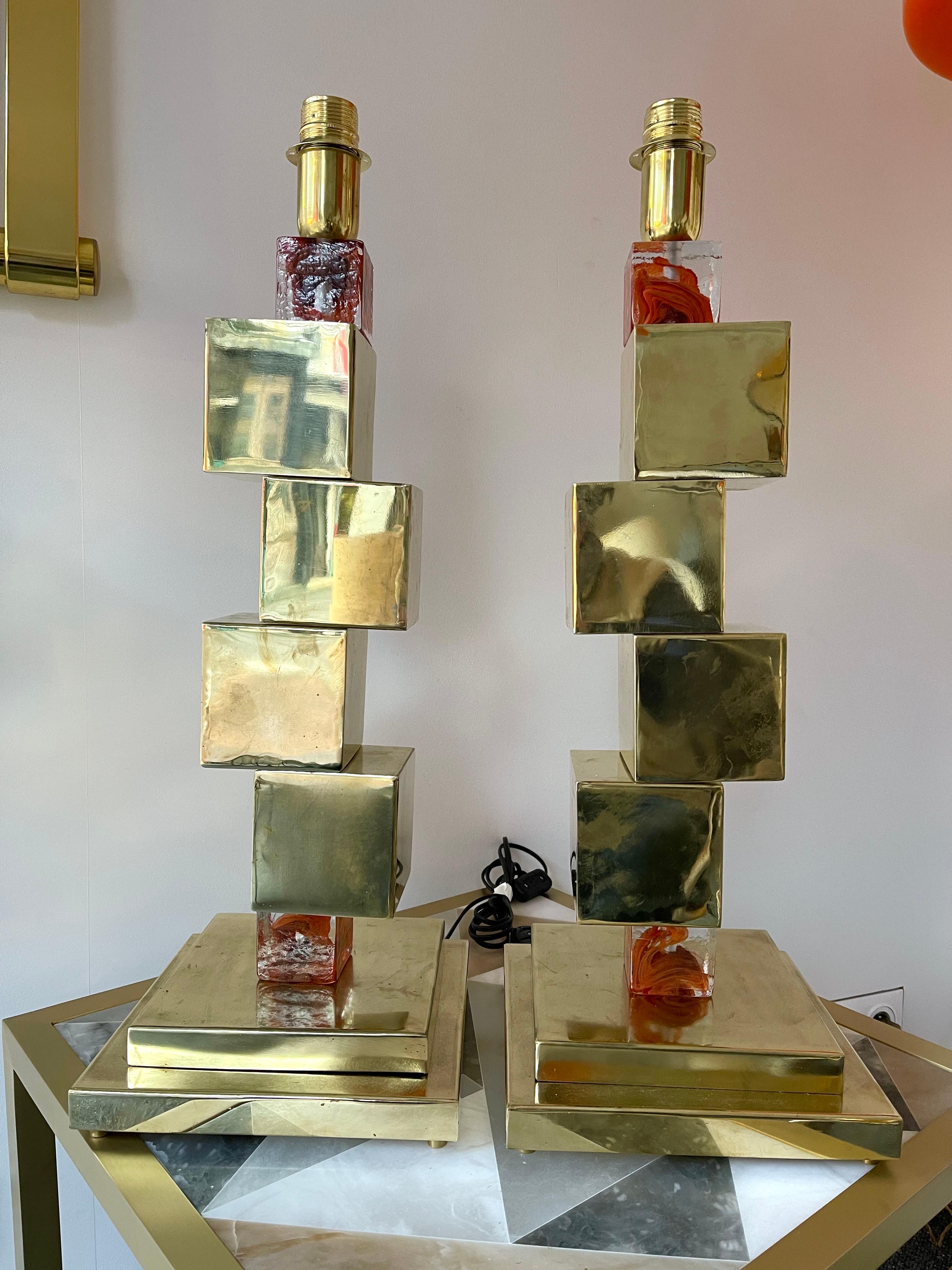 Contemporary Pair of Brass Cube Lamps and Murano Glass, Italy For Sale 7