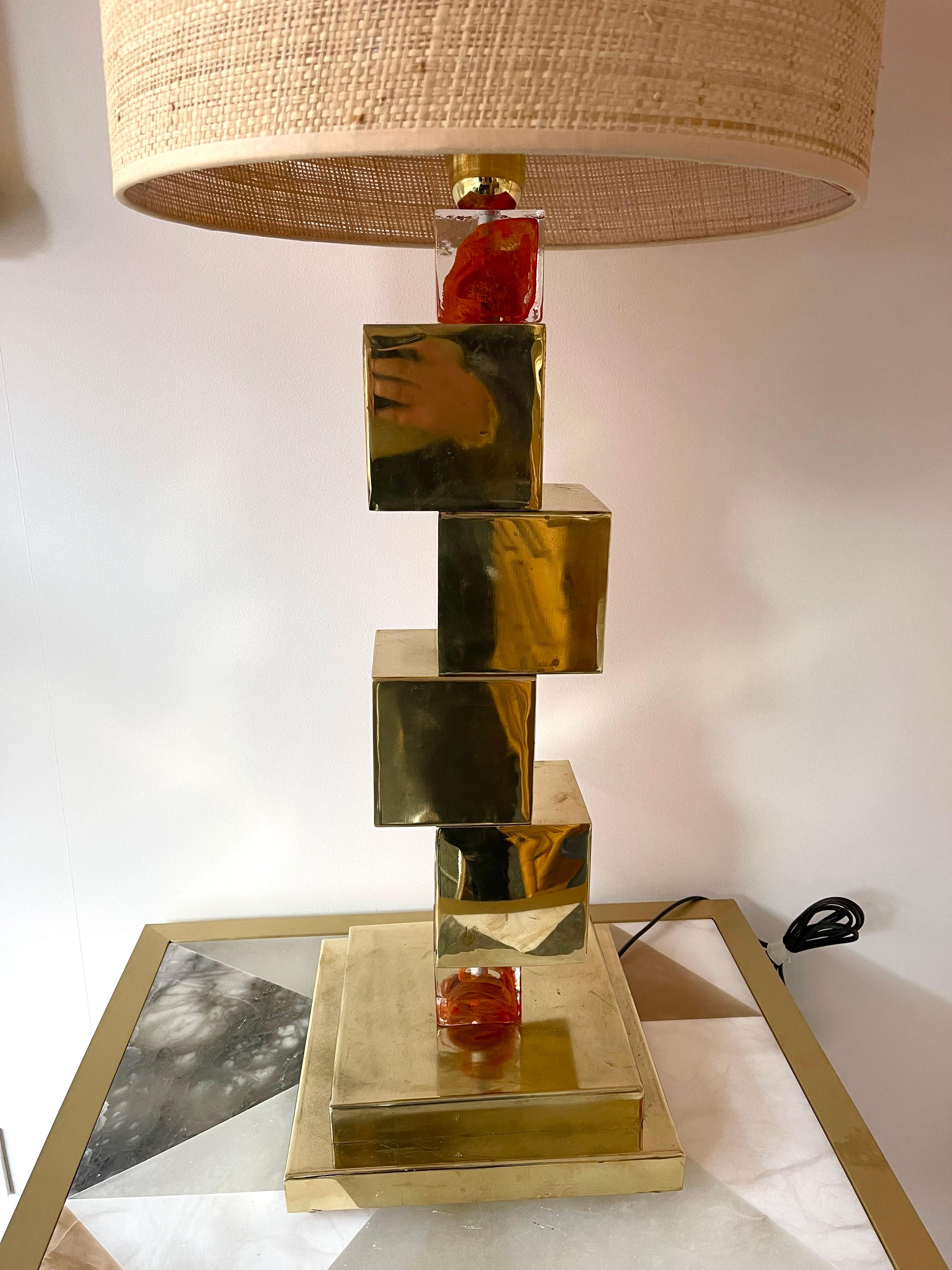 Contemporary Pair of Brass Cube Lamps and Murano Glass, Italy In New Condition For Sale In SAINT-OUEN, FR