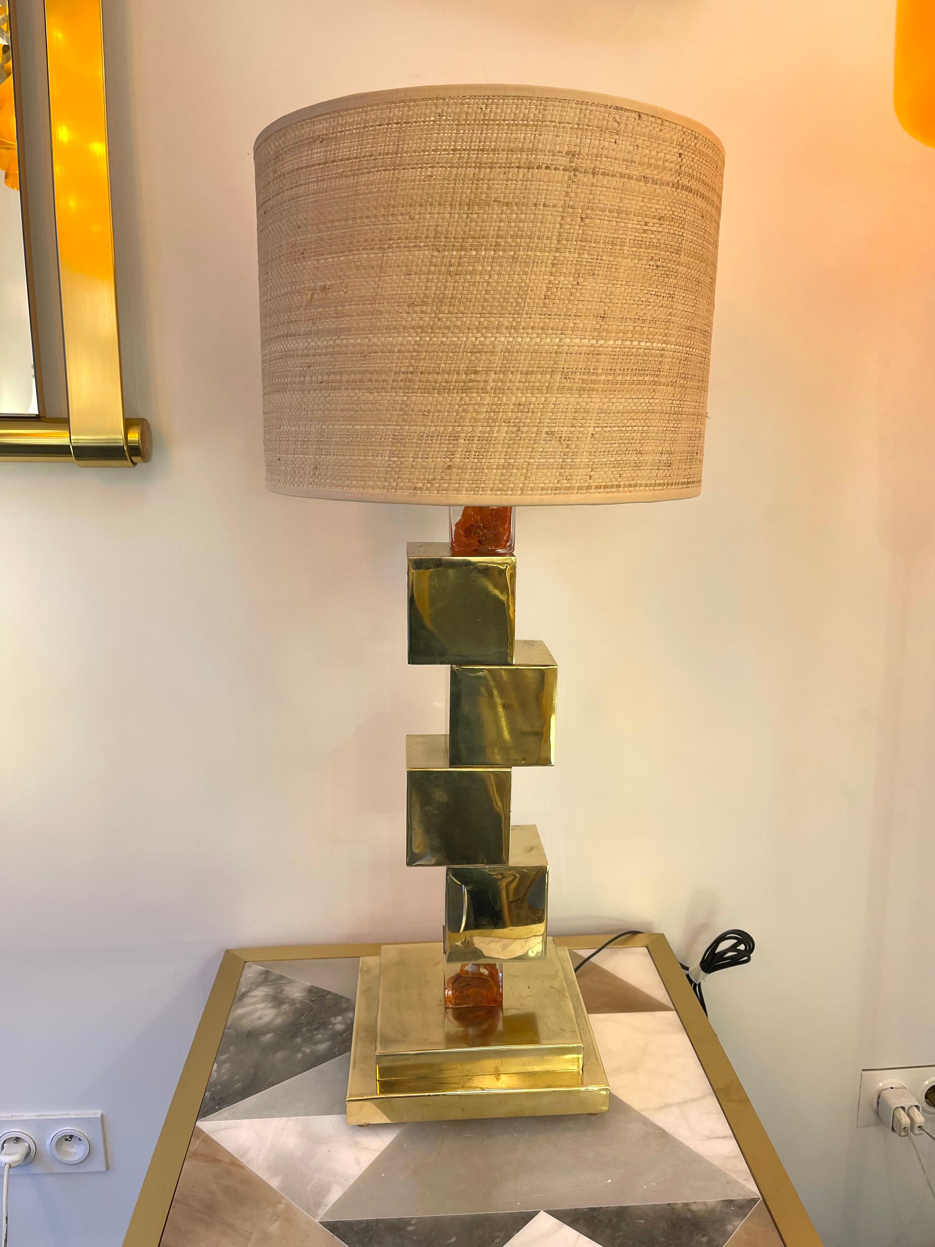 Contemporary Pair of Brass Cube Lamps and Murano Glass, Italy For Sale 4