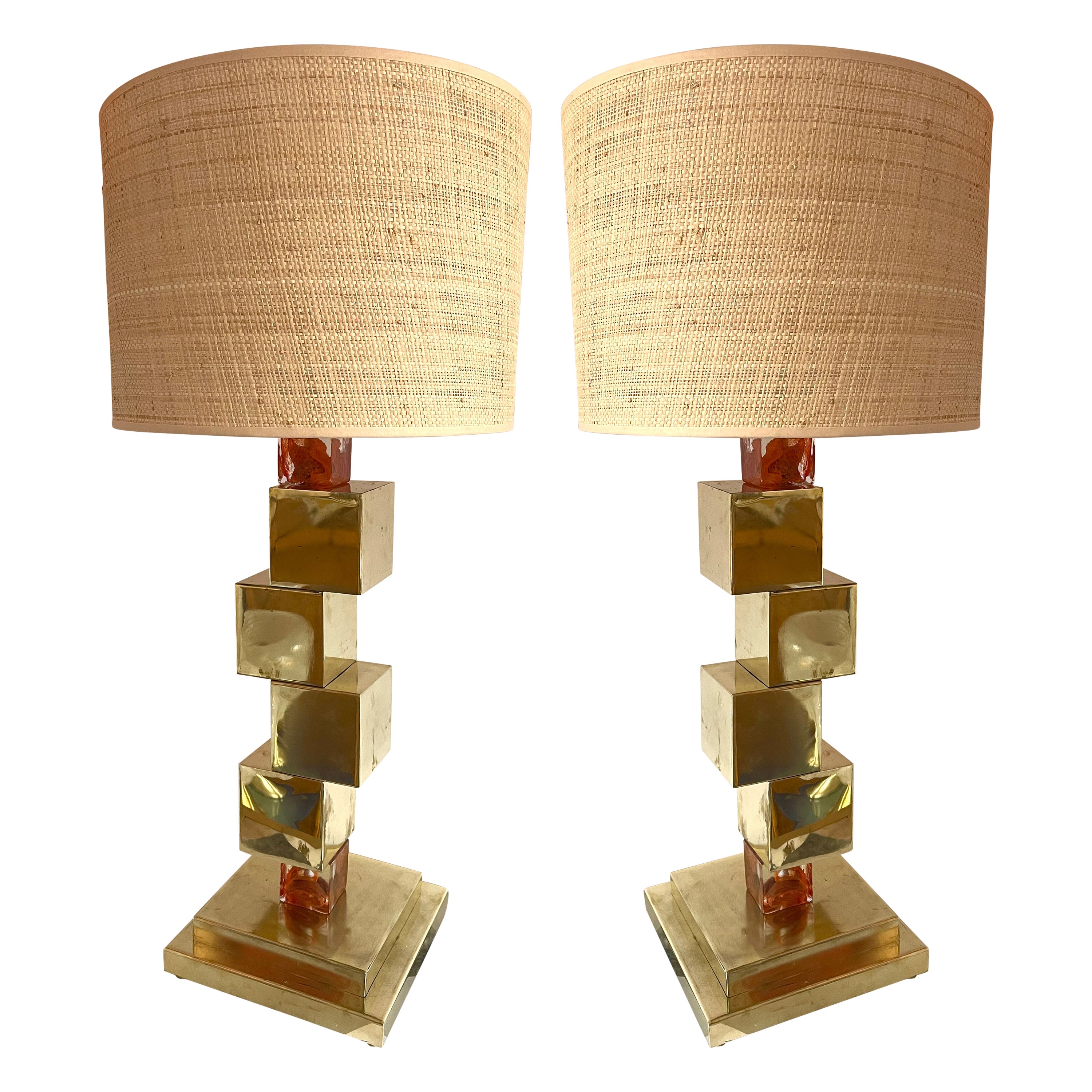 Contemporary Pair of Brass Cube Lamps and Murano Glass, Italy