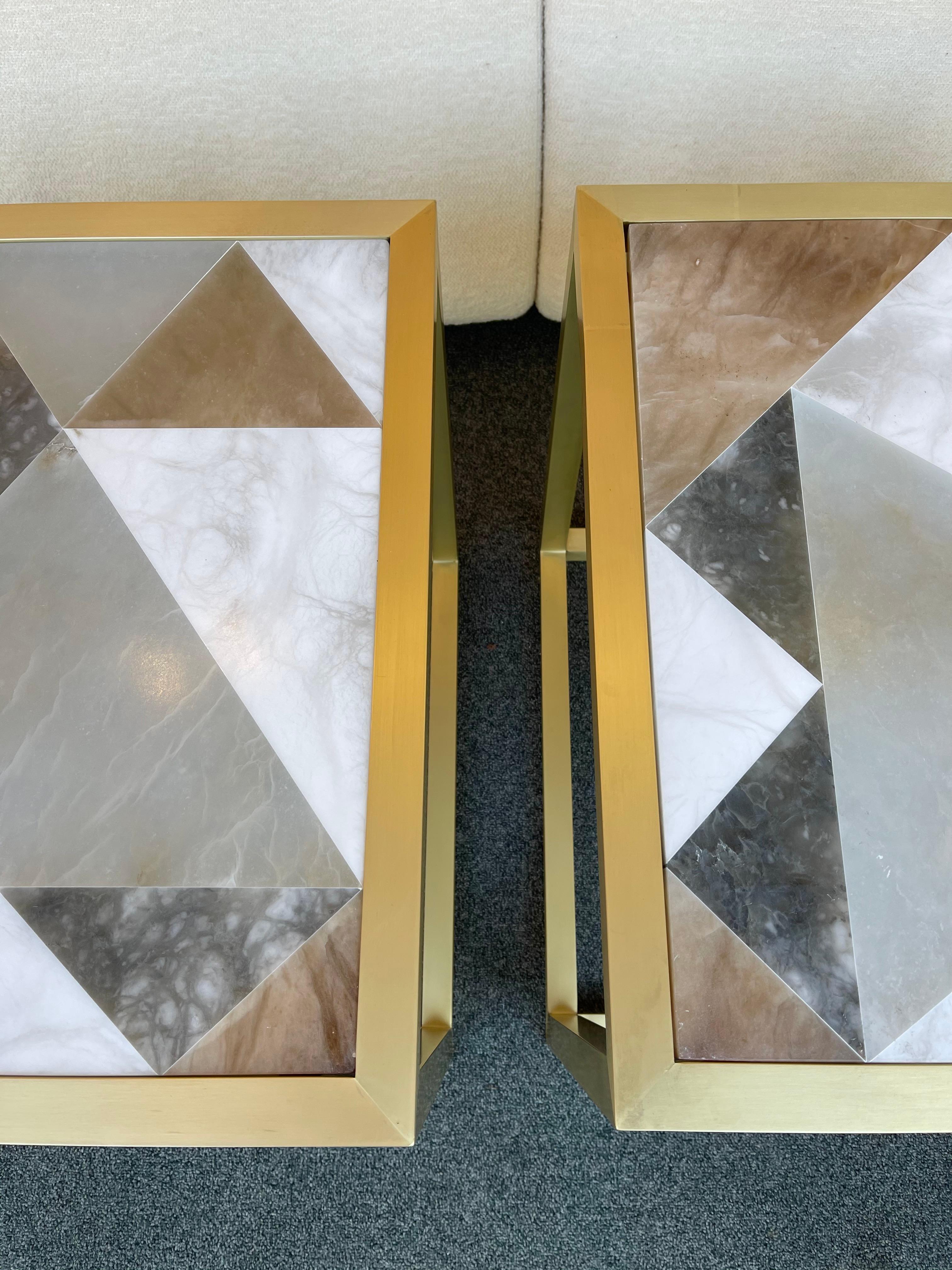Contemporary Pair of Brass Cube Tables Alabaster by Antonio Cagianelli, Italy For Sale 7
