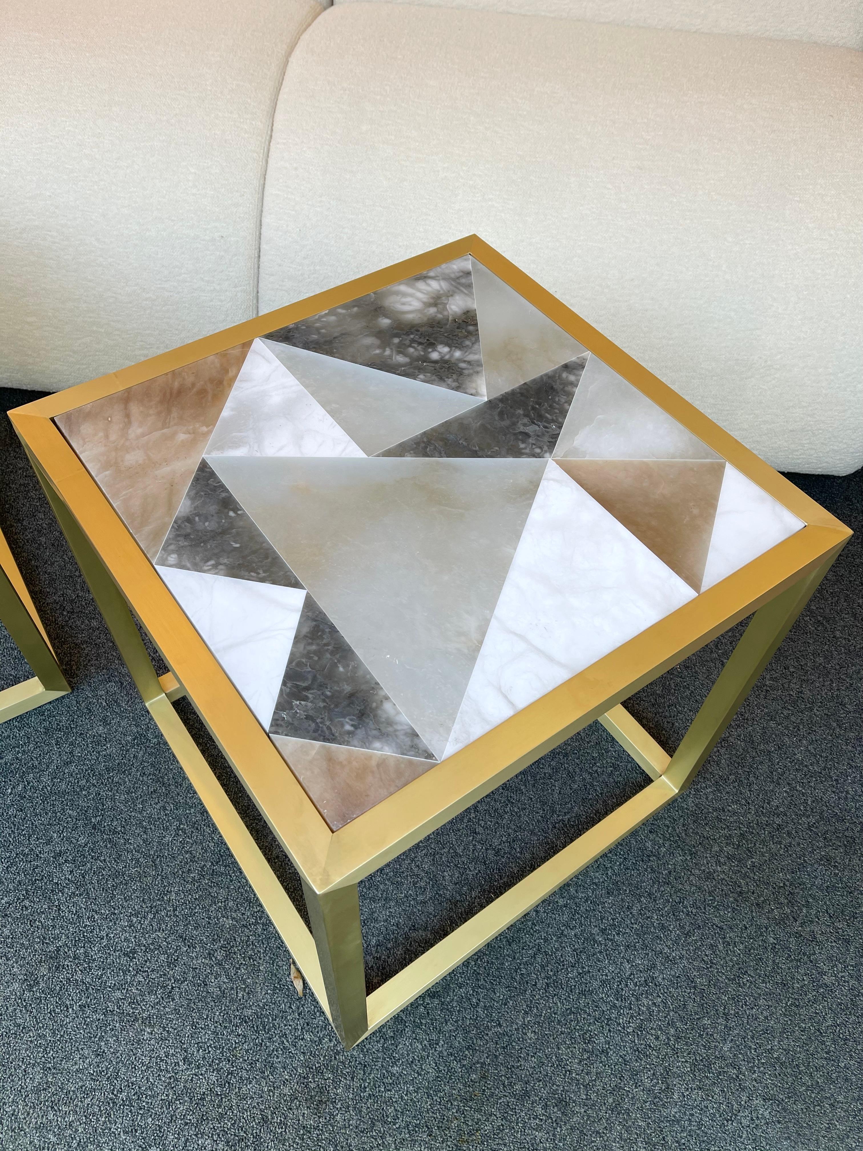 Marquetry Contemporary Pair of Brass Cube Tables Alabaster by Antonio Cagianelli, Italy For Sale