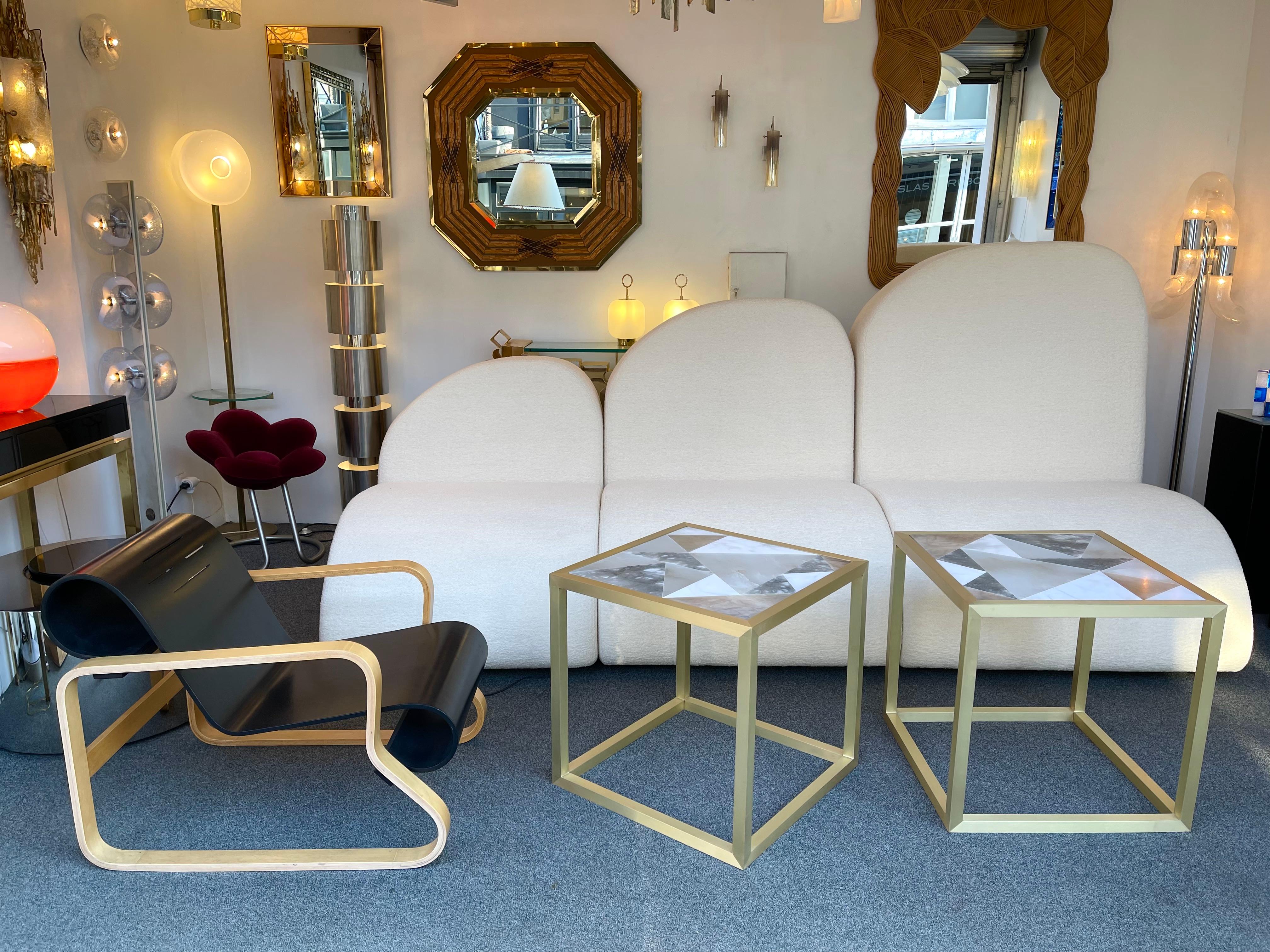Contemporary Pair of Brass Cube Tables Alabaster by Antonio Cagianelli, Italy For Sale 3