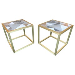 Paire de tables cubiques contemporaines en laiton et albâtre d'Antonio Cagianelli, Italie
