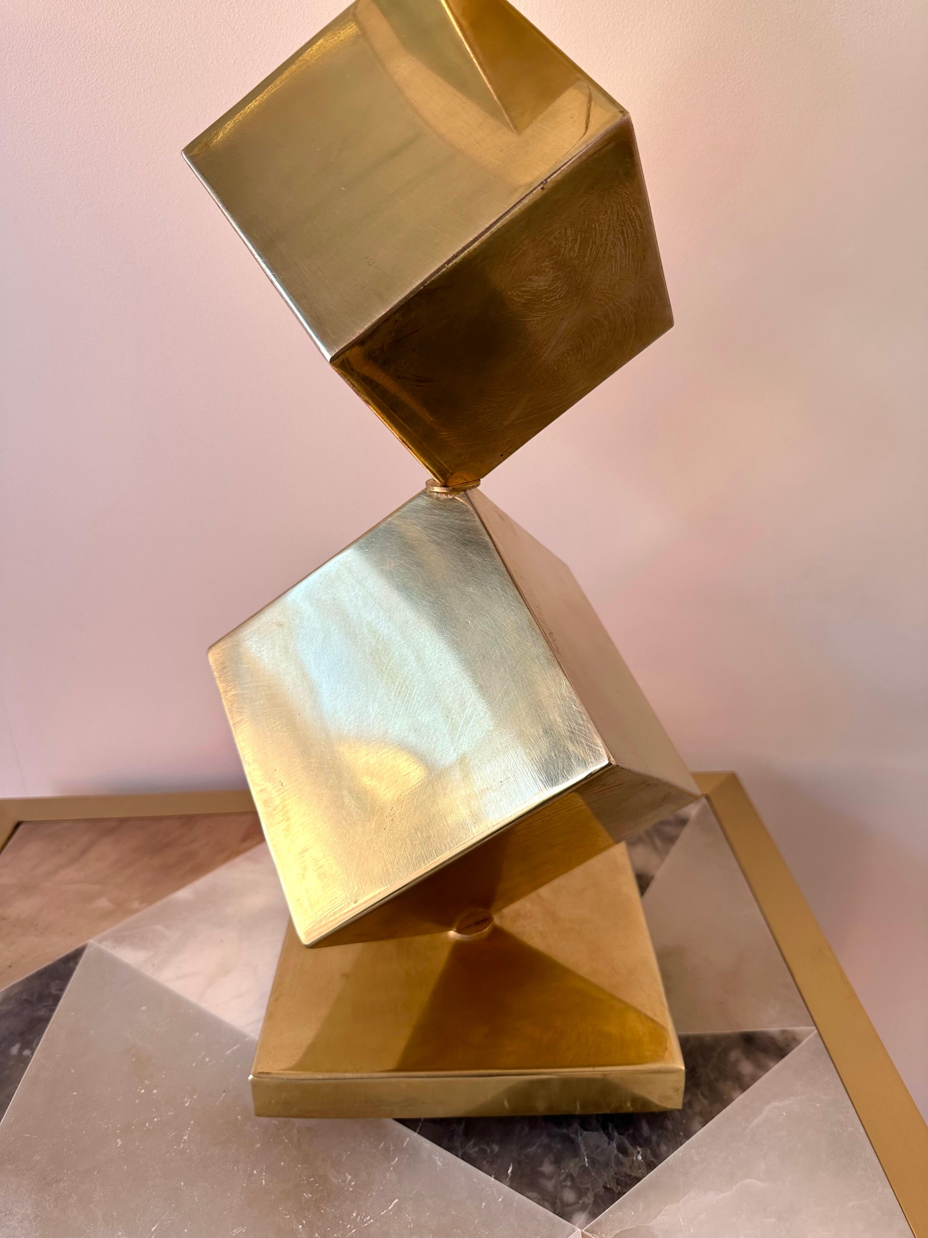 Contemporary Pair of Brass Dice Cube Lamps, Italy For Sale 3