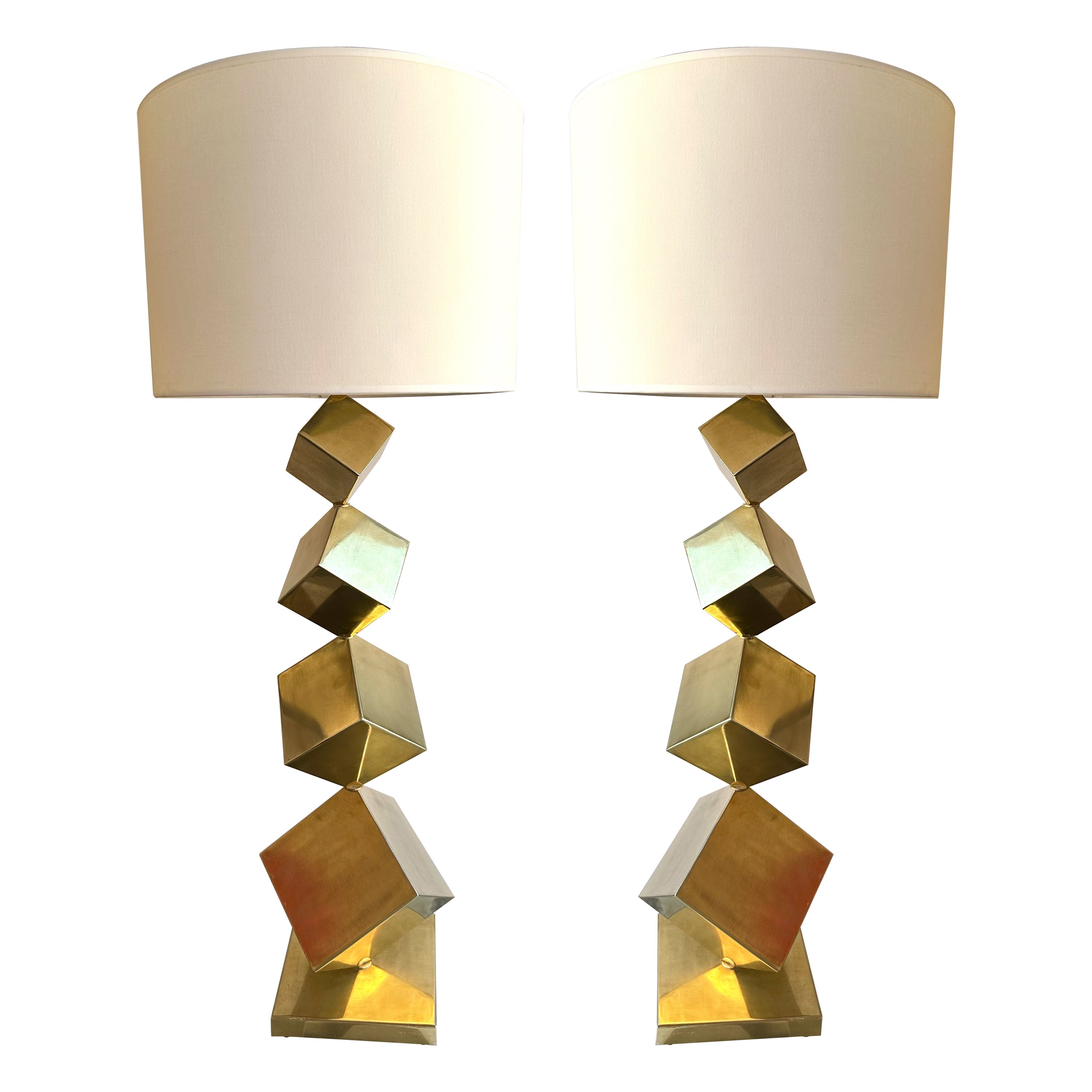 Contemporary Pair of Brass Dice Cube Lamps, Italy