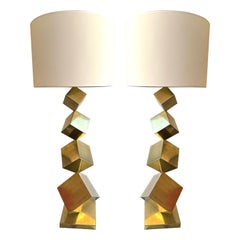 Contemporary Pair of Brass Dice Cube Lamps, Italy