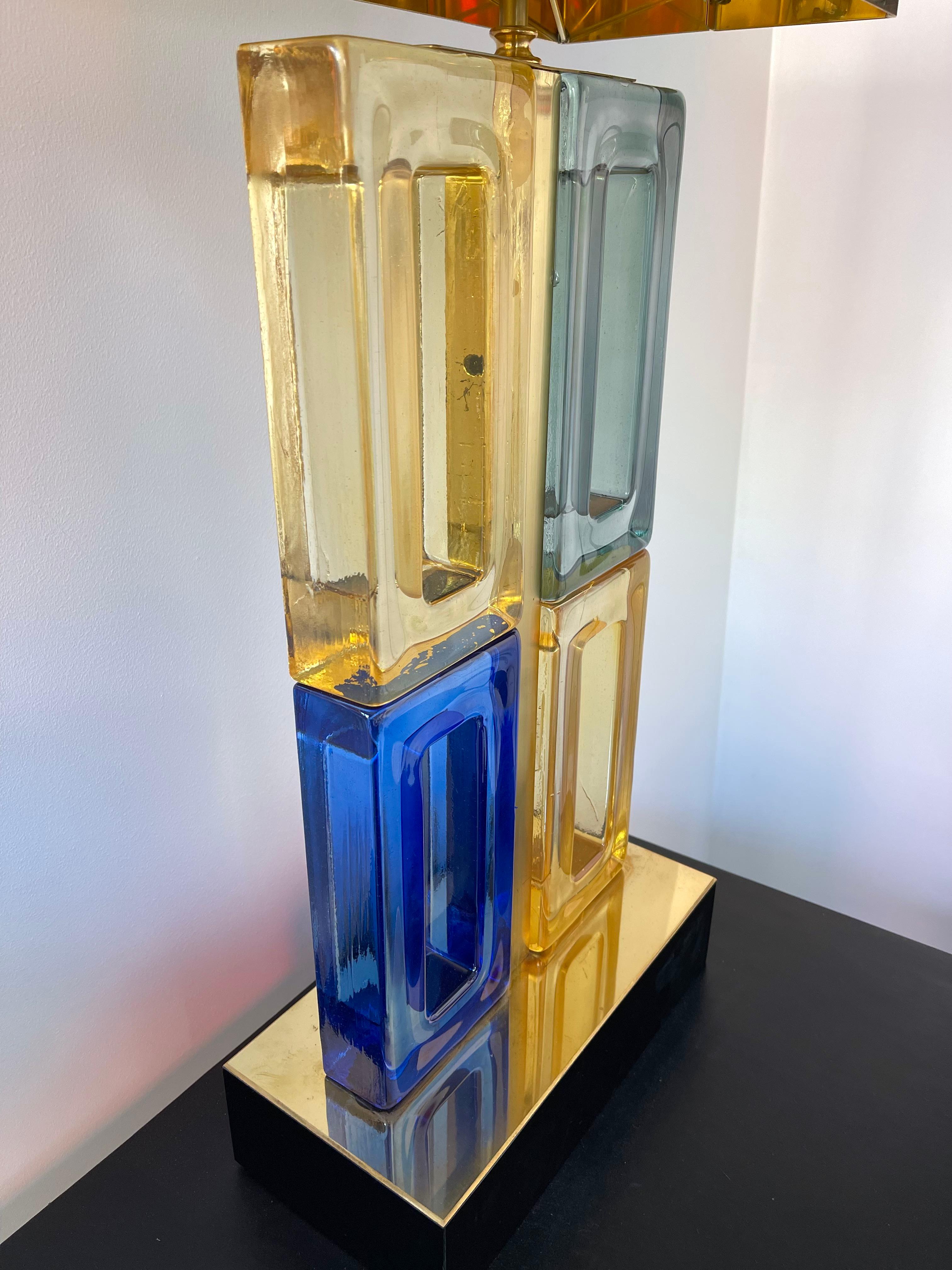 Italian Contemporary Pair of Brass Domino Murano Glass Lamps, Italy