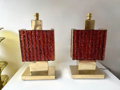 Contemporary Pair of Brass Fusion and Red Murano Glass Lamps, Italy