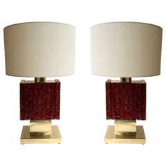 Contemporary Pair of Brass Fusion and Red Murano Glass Lamps, Italy