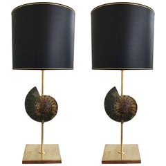 Contemporary Pair of Brass Lamps Ammonite Fossil, Italy