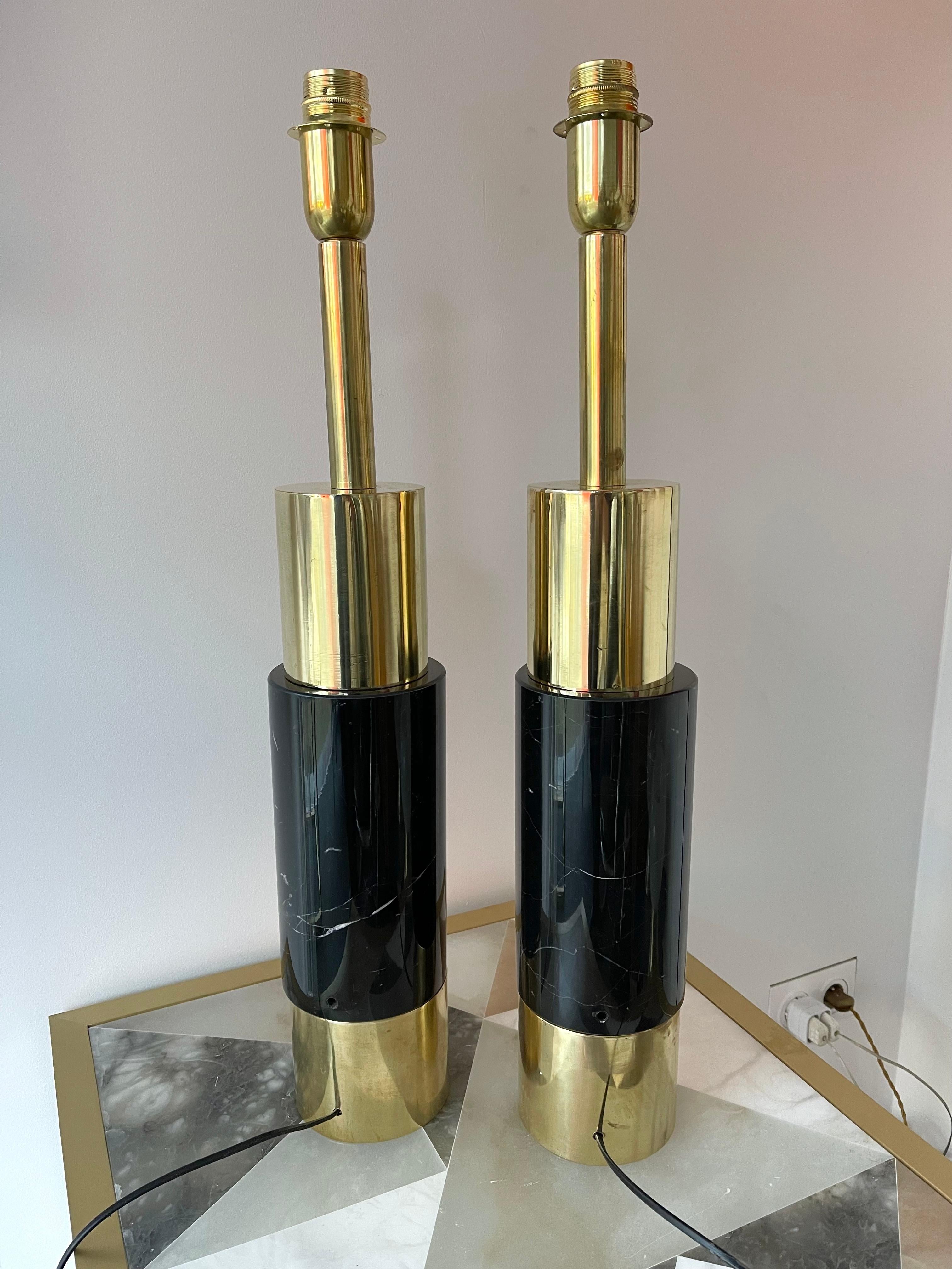 Contemporary Pair of Brass Lamps Black Marble, Italy For Sale 5