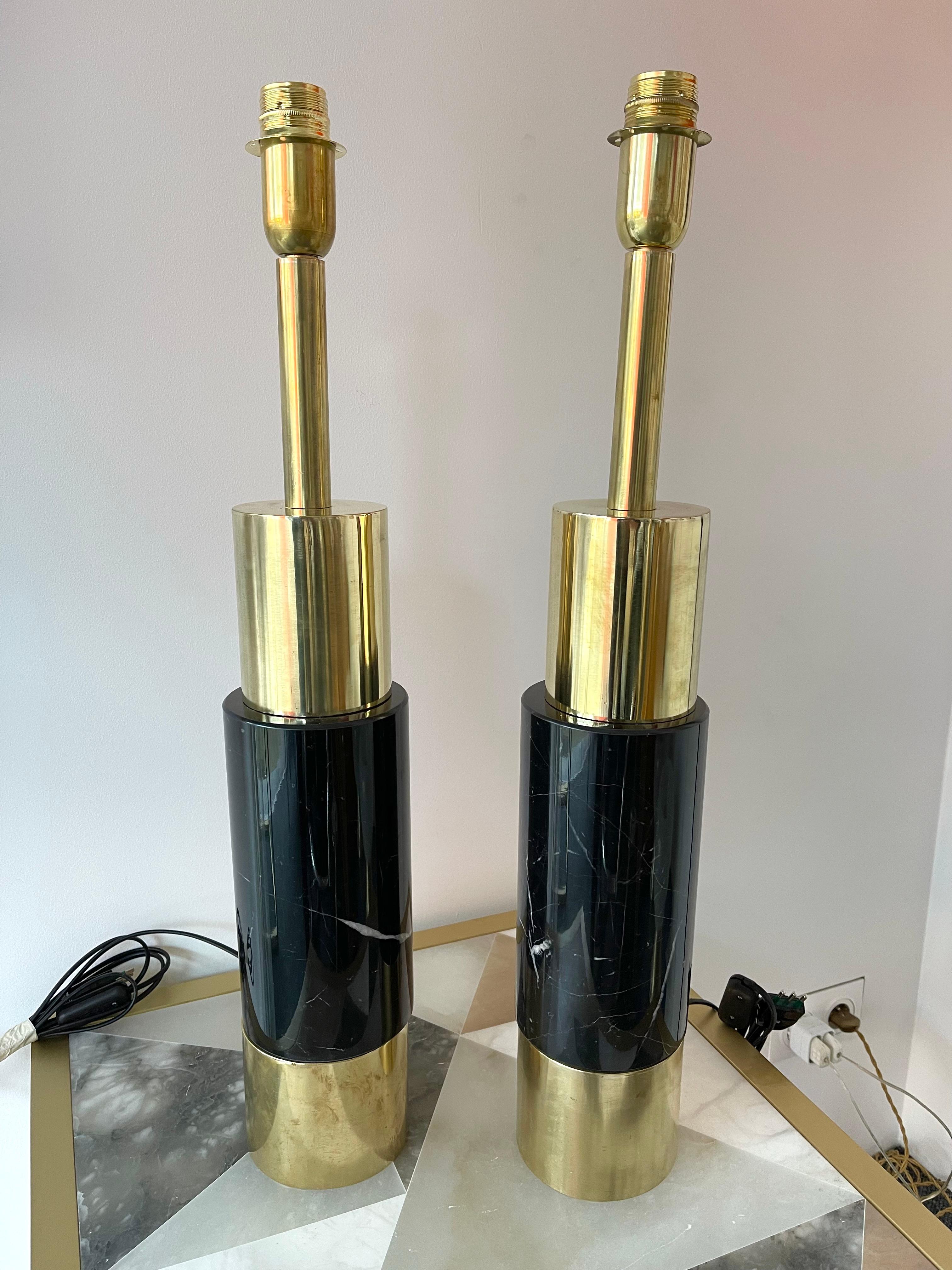 Contemporary Pair of Brass Lamps Black Marble, Italy For Sale 7