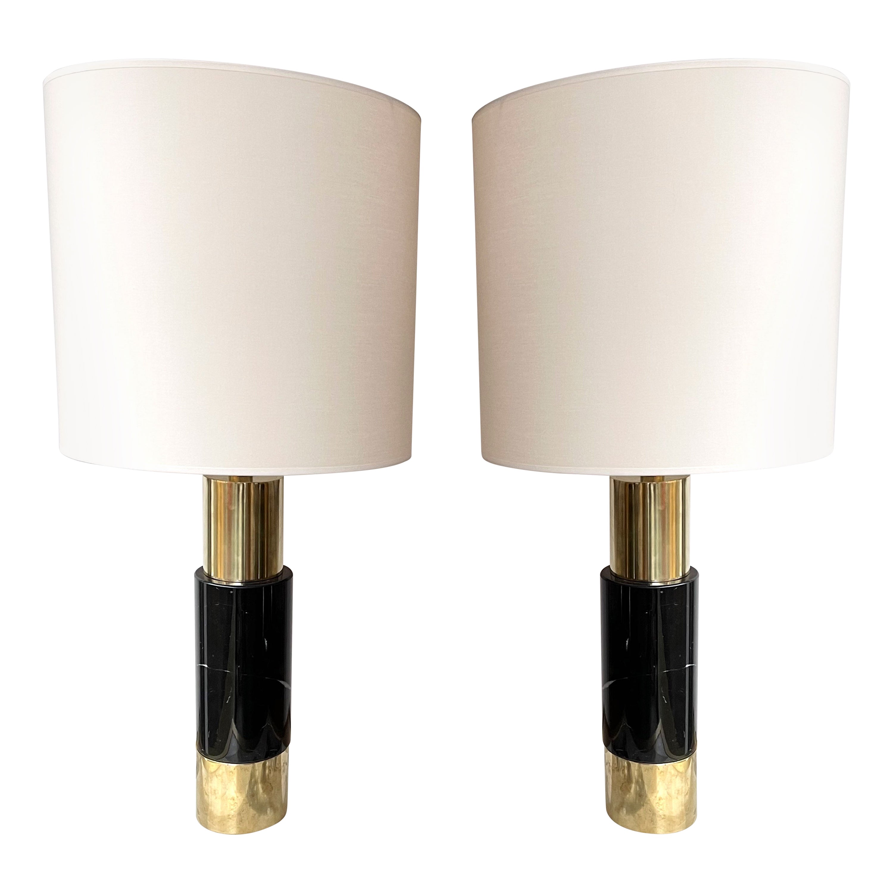 Paire de lampes contemporaines en laiton et marbre noir, Italie