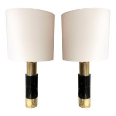 Contemporary Pair of Brass Lamps Black Marble, Italy