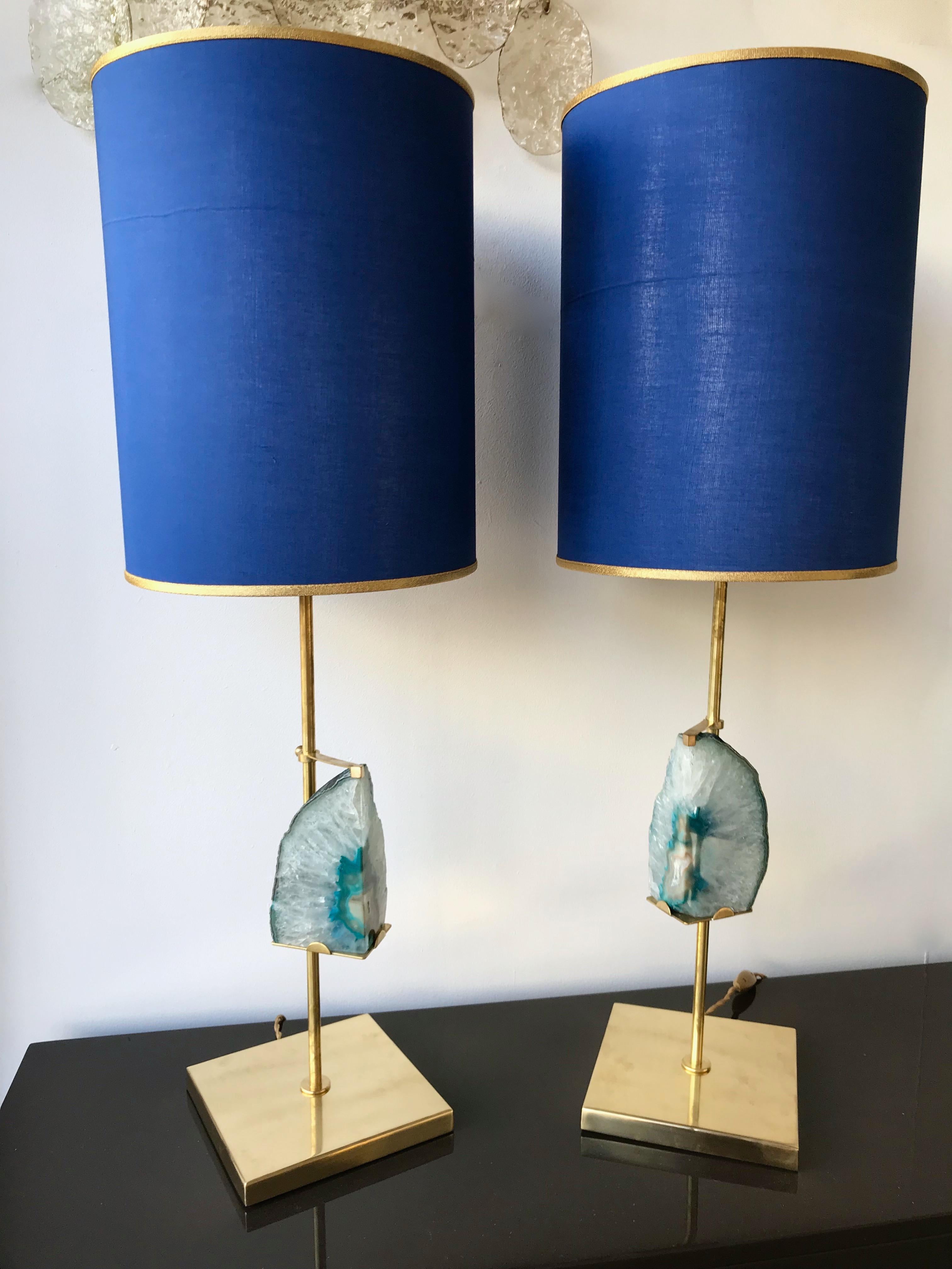 Contemporary manufacturing brass table or bedside lamps with a pair of real blue turquoise agate stone block. Made custom fitting by a small Italian workshop. Small defect on demonstration shades still included. Height top of lamp 58cms. In the