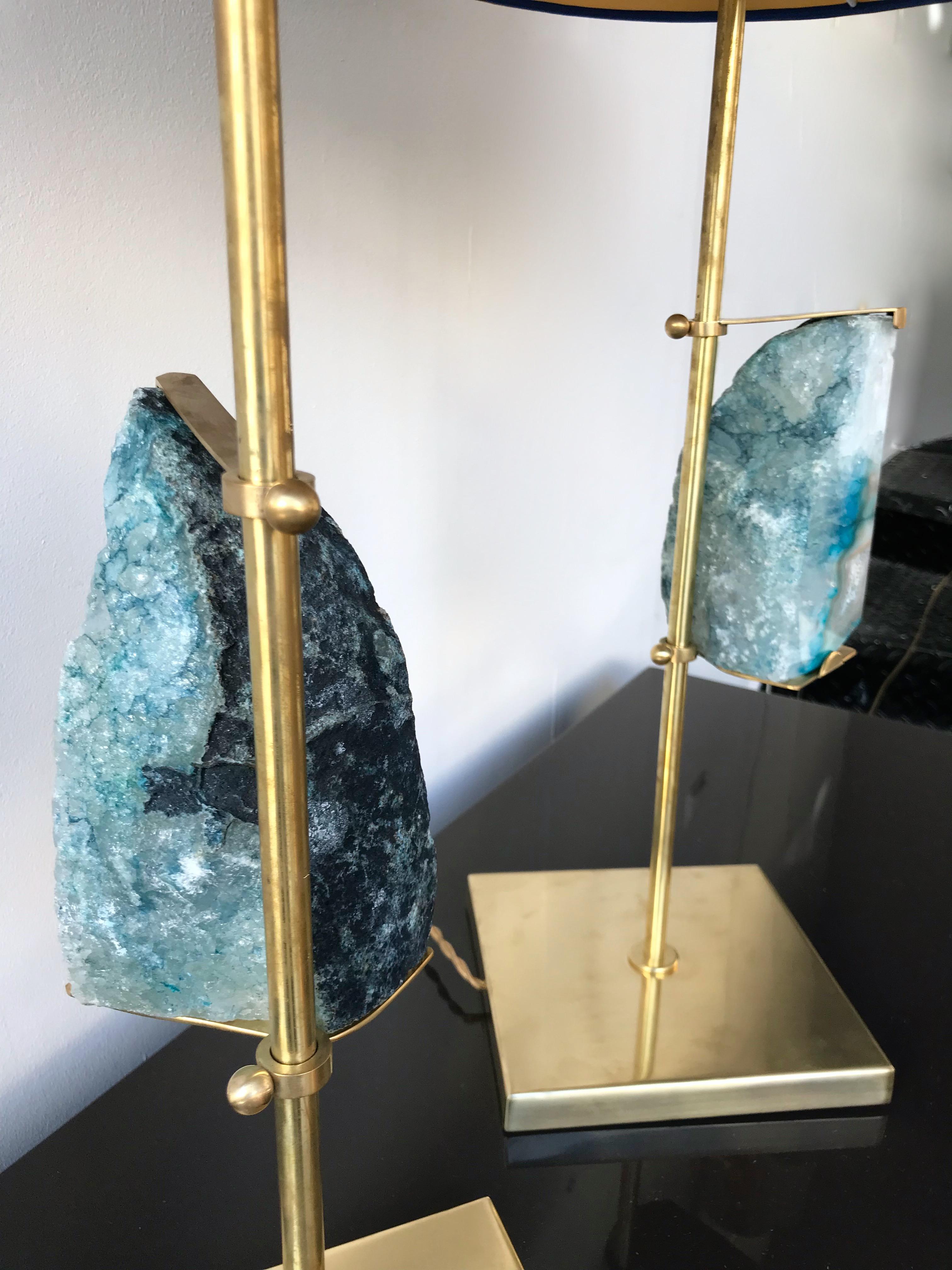 Italian Contemporary Pair of Brass Lamps Blue Agate Stone