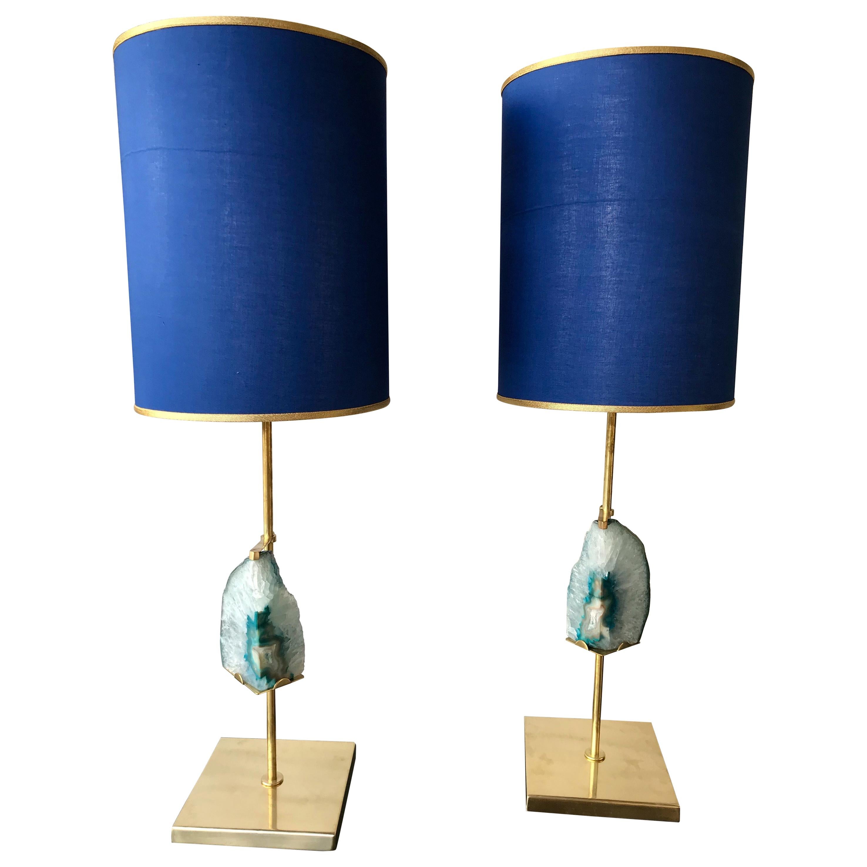 Brass Lamps Blue Agate Stone, Agate Stone Table Lamp
