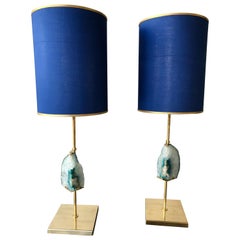 Contemporary Pair of Brass Lamps Blue Agate Stone