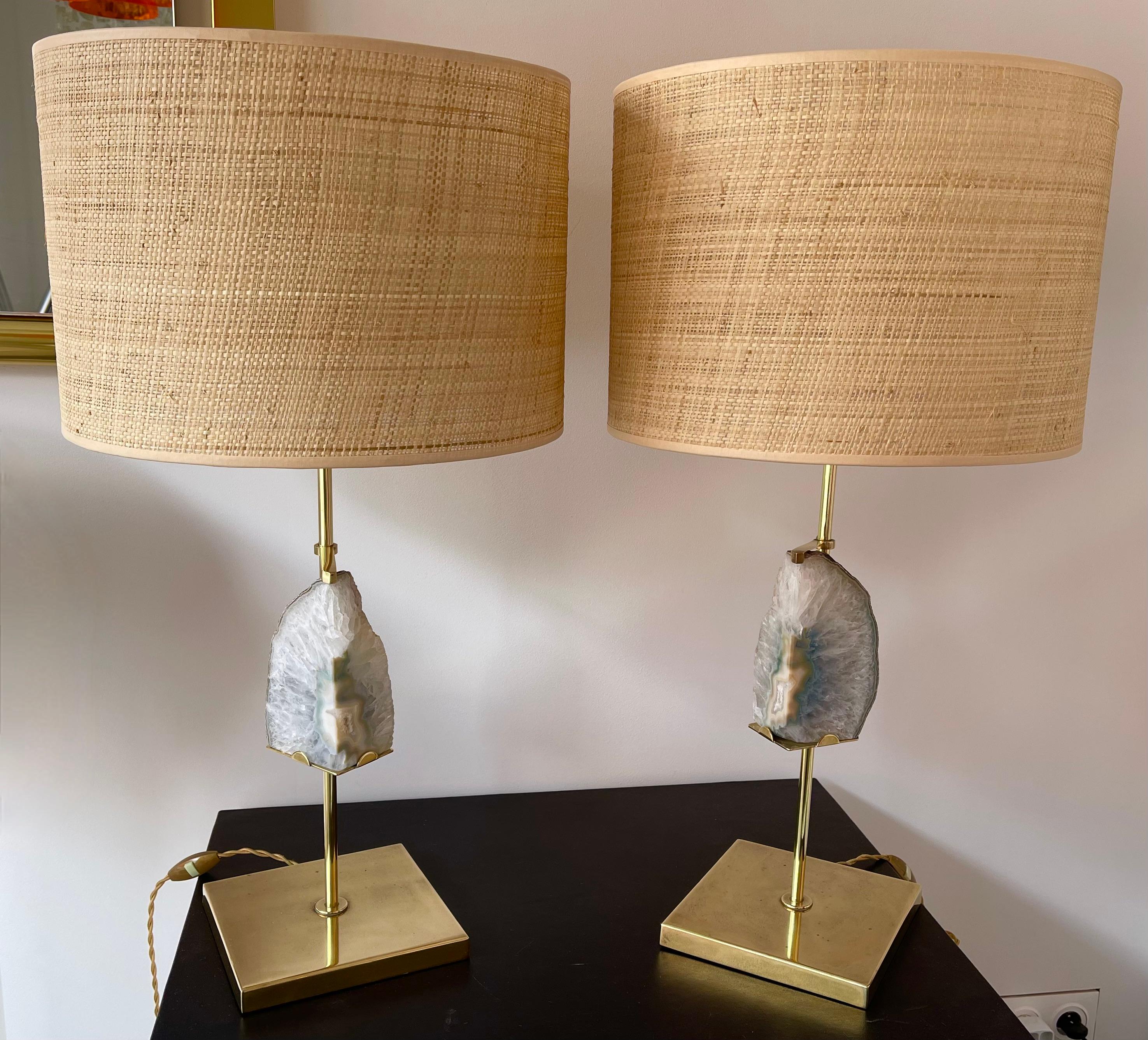 Contemporary Pair of Brass Lamps Blue Agate Stone Rattan Shades. Italy For Sale 8