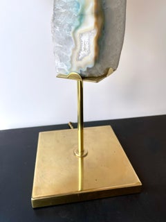 Contemporary Pair of Brass Lamps Blue Agate Stone Rattan Shades. Italy