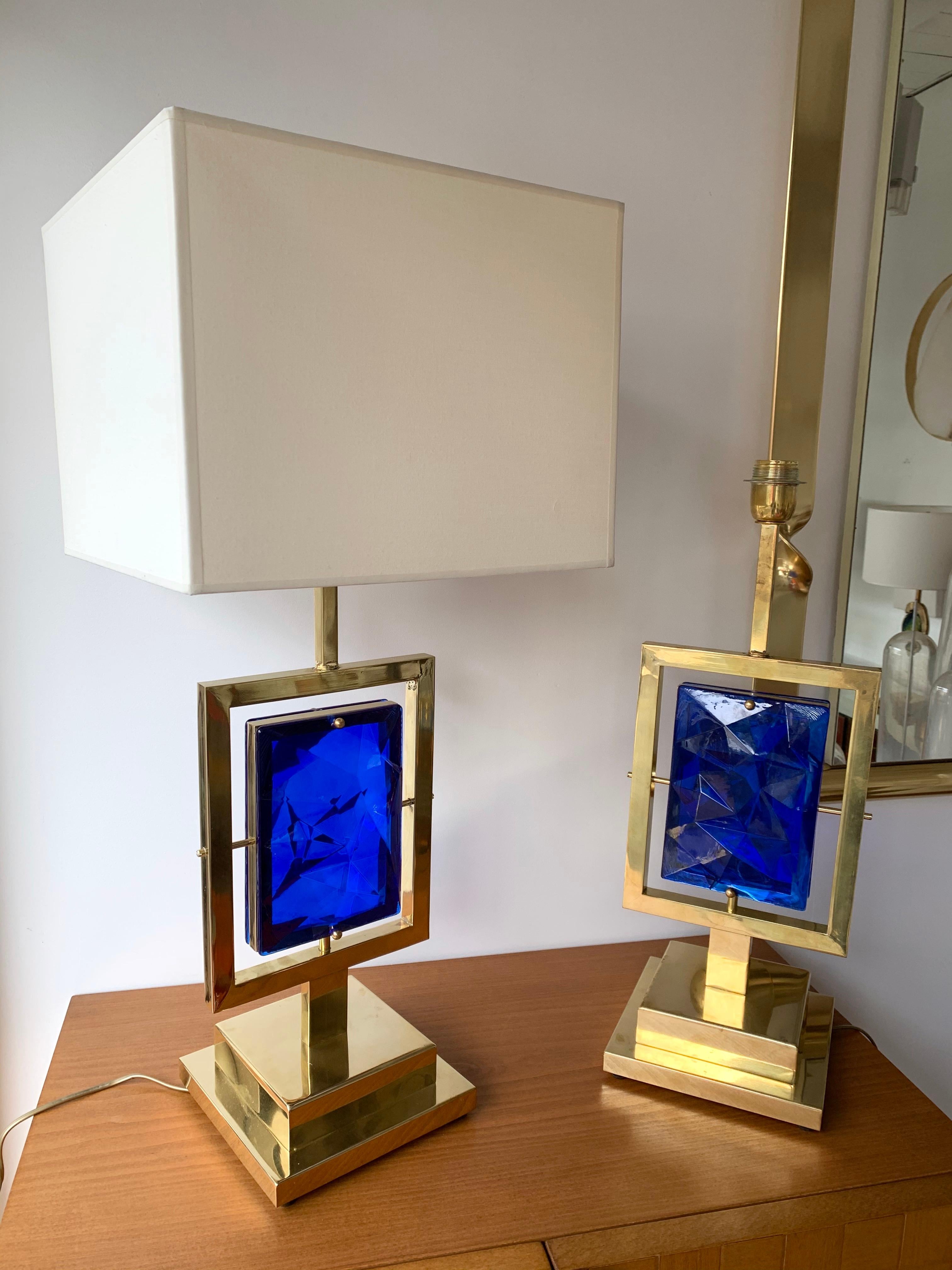 Italian Contemporary Pair of Brass Lamps Blue Murano Glass, Italy For Sale
