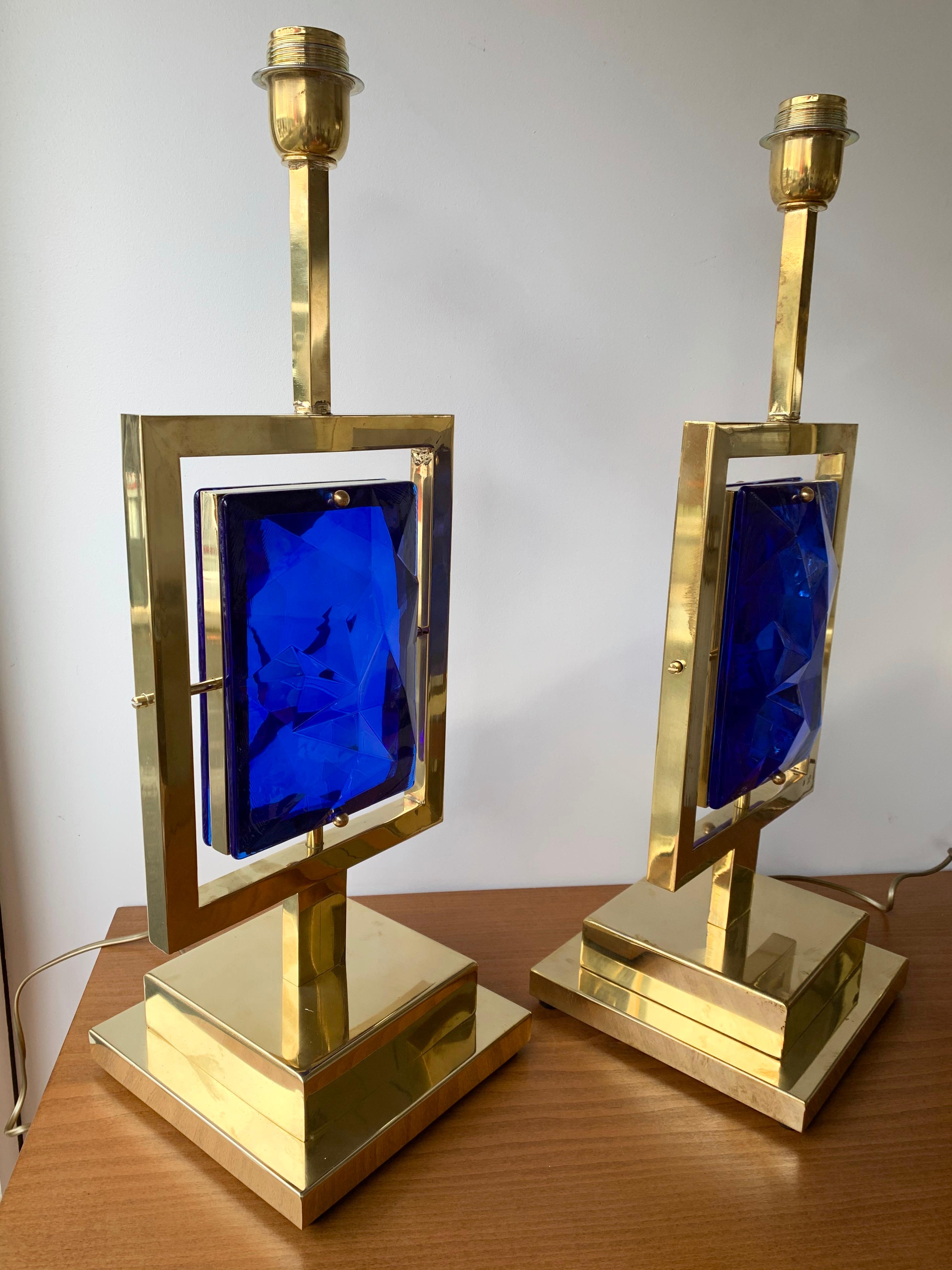 Contemporary Pair of Brass Lamps Blue Murano Glass, Italy For Sale 1