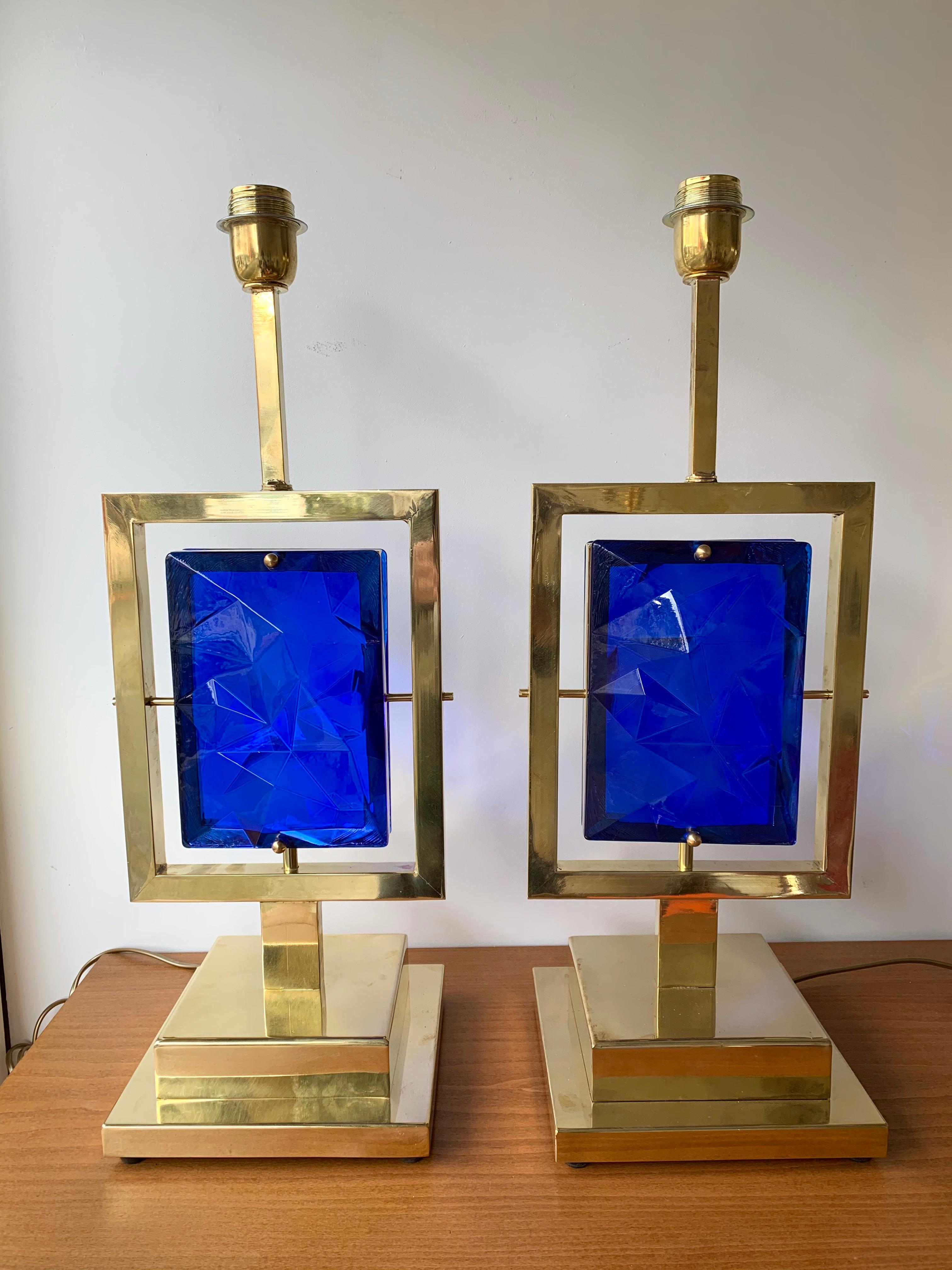 Contemporary Pair of Brass Lamps Blue Murano Glass, Italy For Sale 3