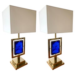 Contemporary Pair of Brass Lamps Blue Murano Glass, Italy