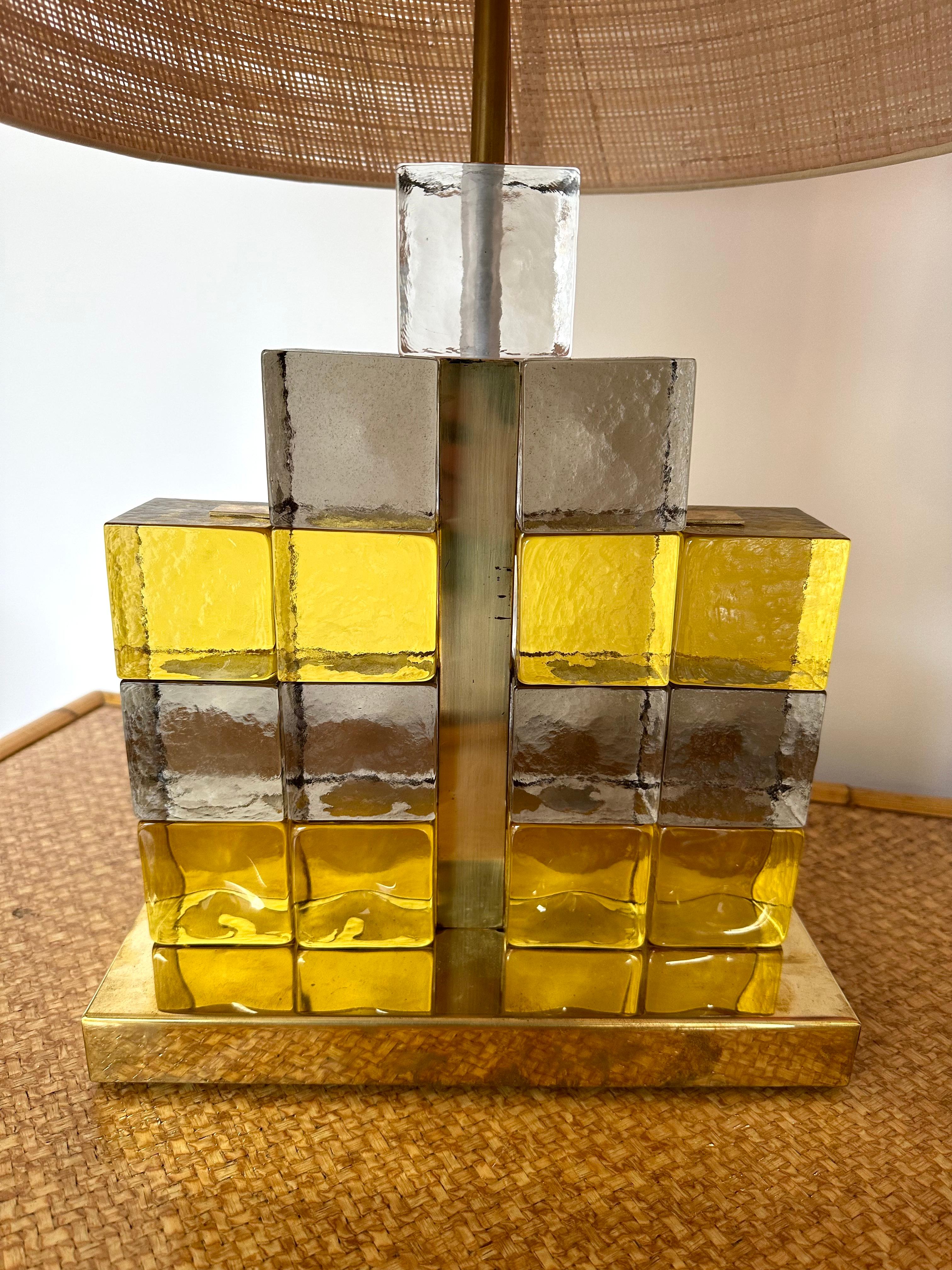 Italian Contemporary Pair of Brass Lamps Cube Murano Glass Construction, Italy For Sale
