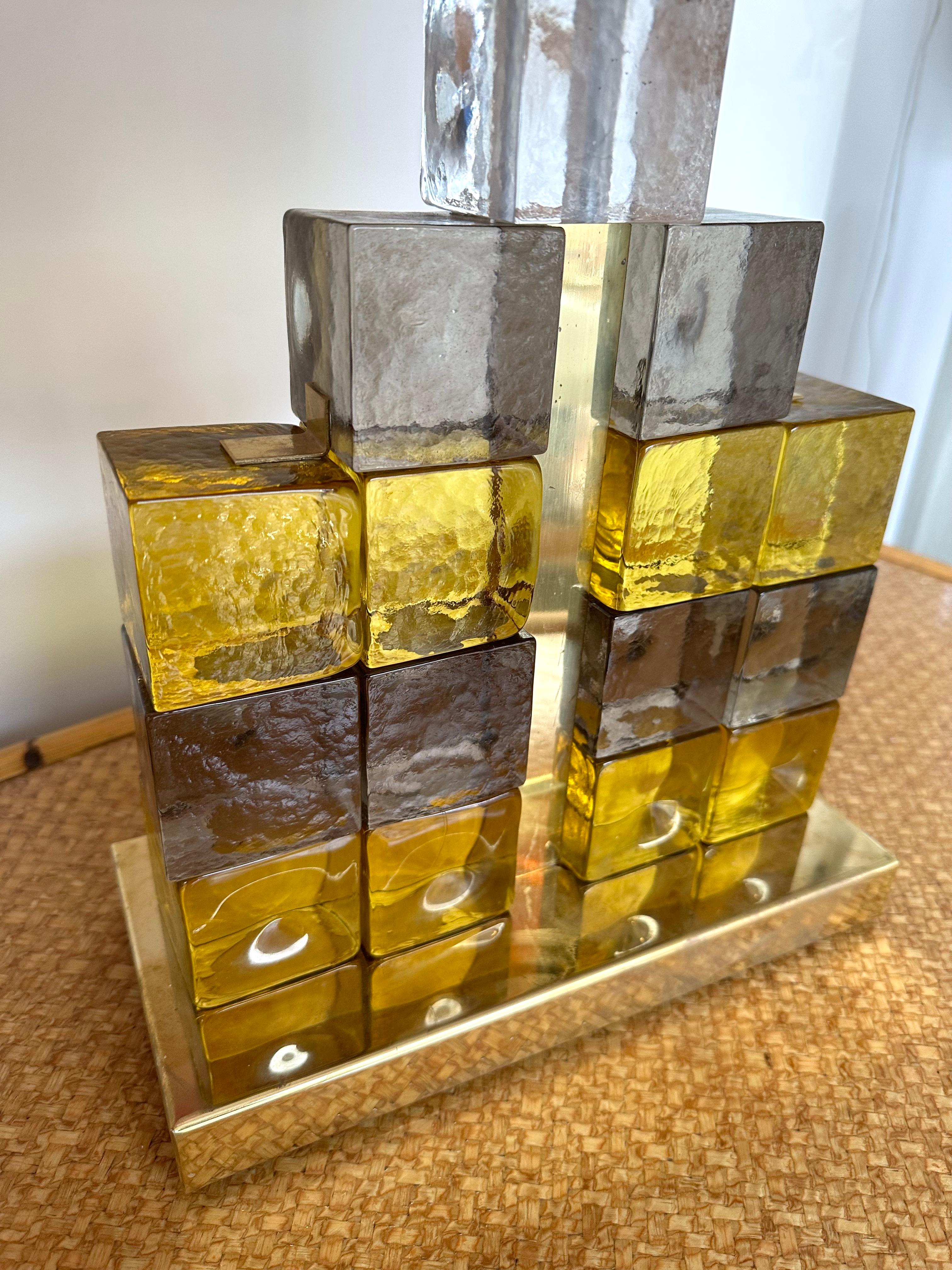 Pressed Contemporary Pair of Brass Lamps Cube Murano Glass Construction, Italy For Sale
