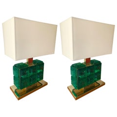 Contemporary Pair of Brass Lamps Green Diamond Murano Glass