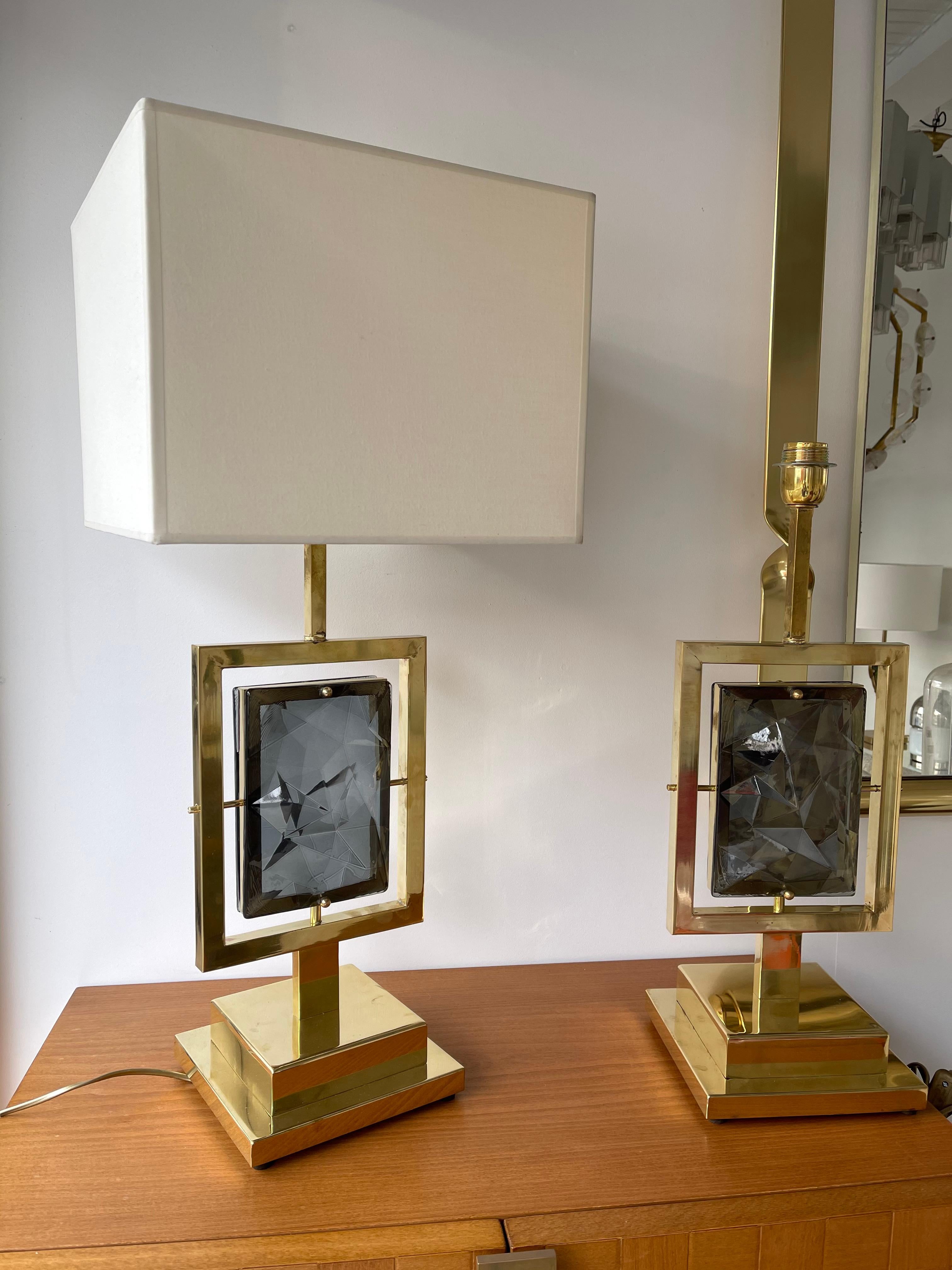Mid-Century Modern Contemporary Pair of Brass Lamps Grey Murano Glass, Italy
