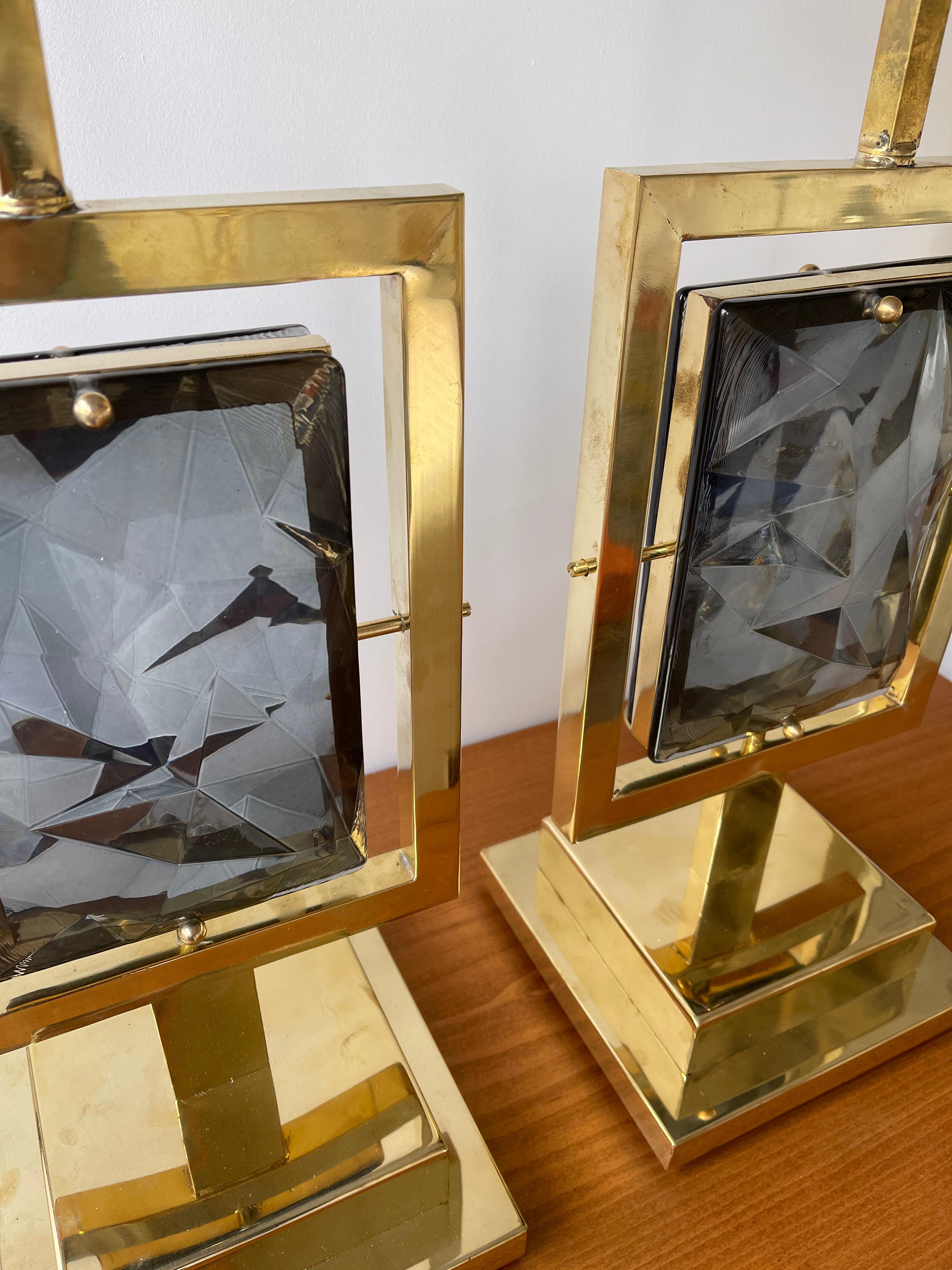 Paire de lampes contemporaines en laiton en verre de Murano gris, Italie Neuf - En vente à SAINT-OUEN, FR