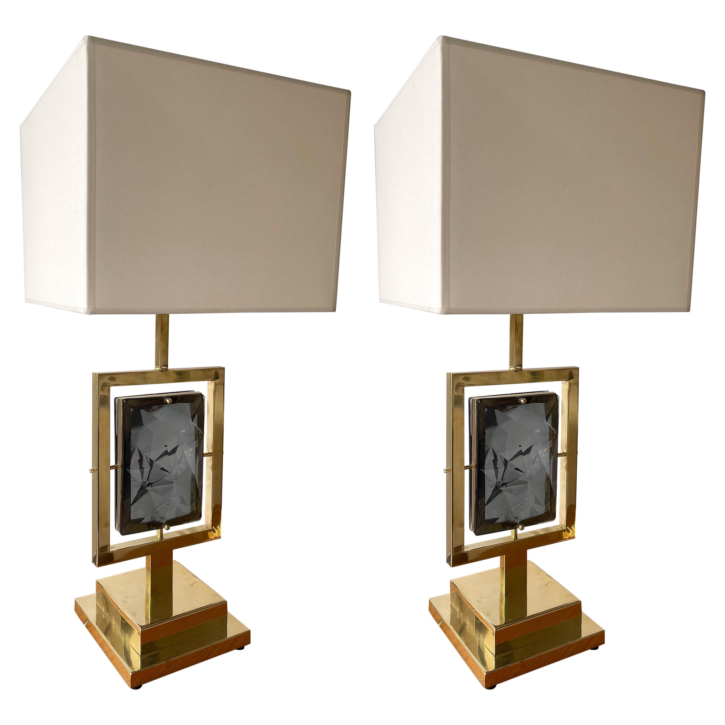 Paire de lampes contemporaines en laiton en verre de Murano gris, Italie en vente