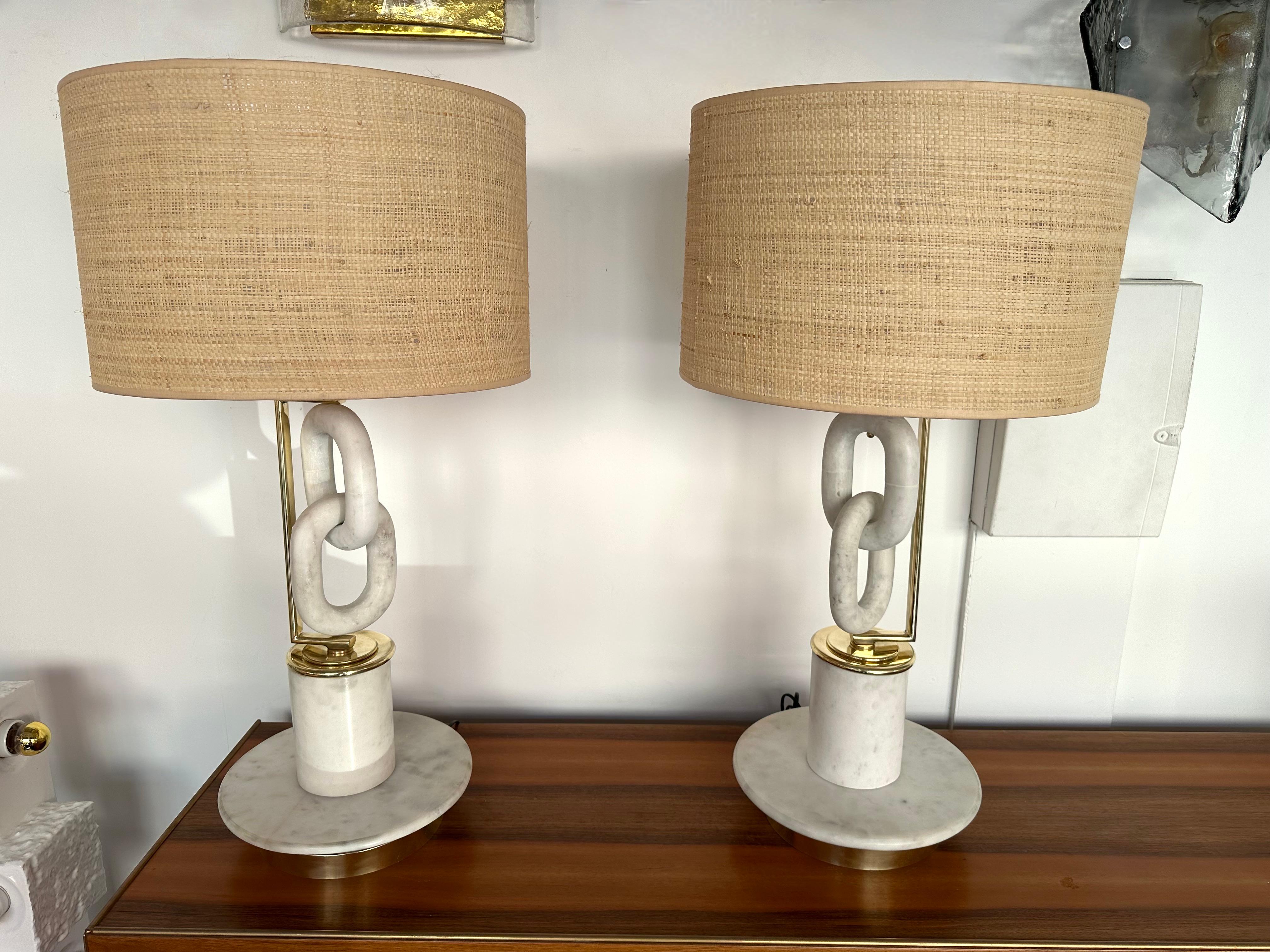 Contemporary Pair of Brass Lamps Marble Chain. Italy For Sale 1