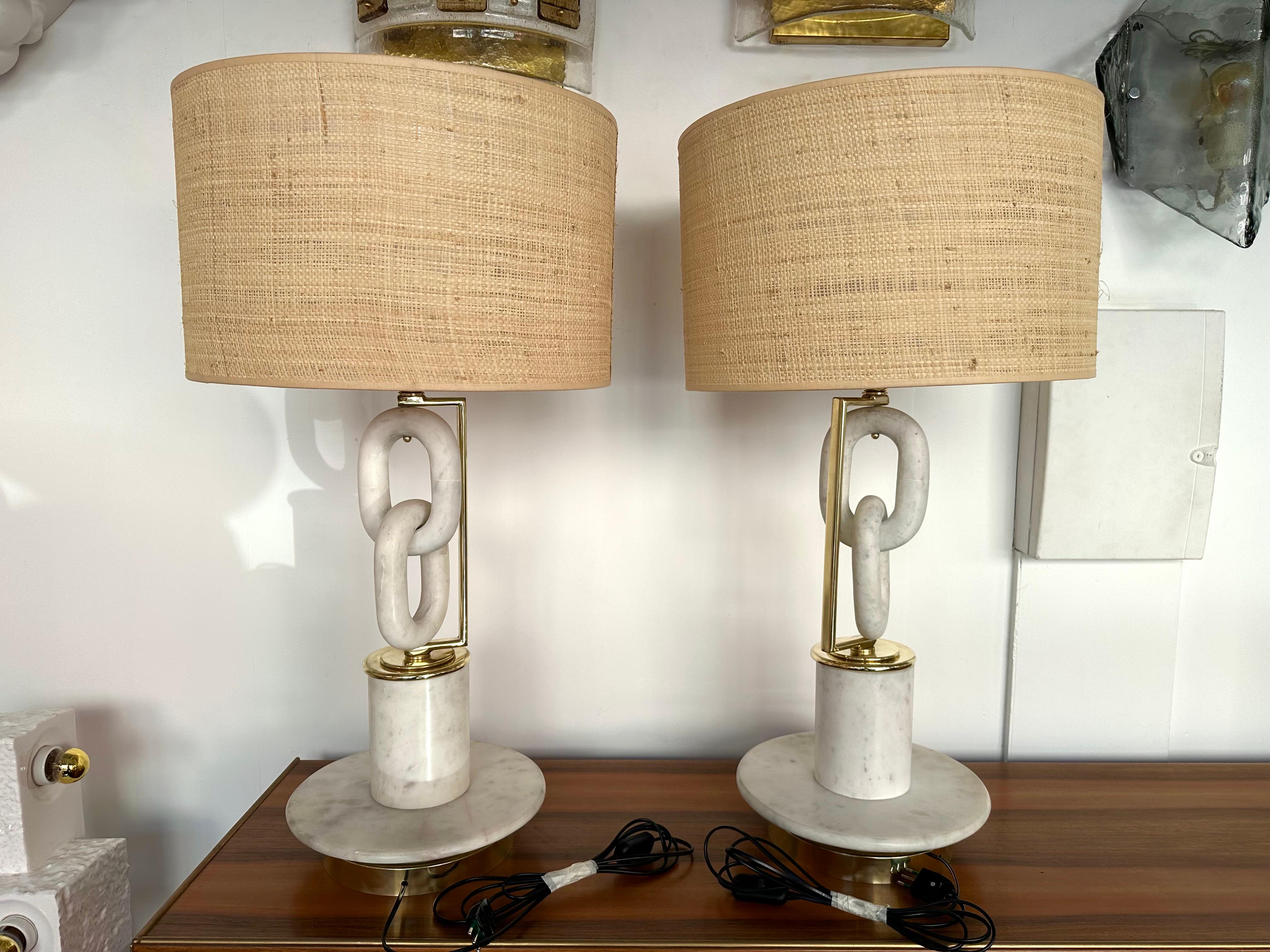 Contemporary Pair of Brass Lamps Marble Chain. Italy For Sale 3