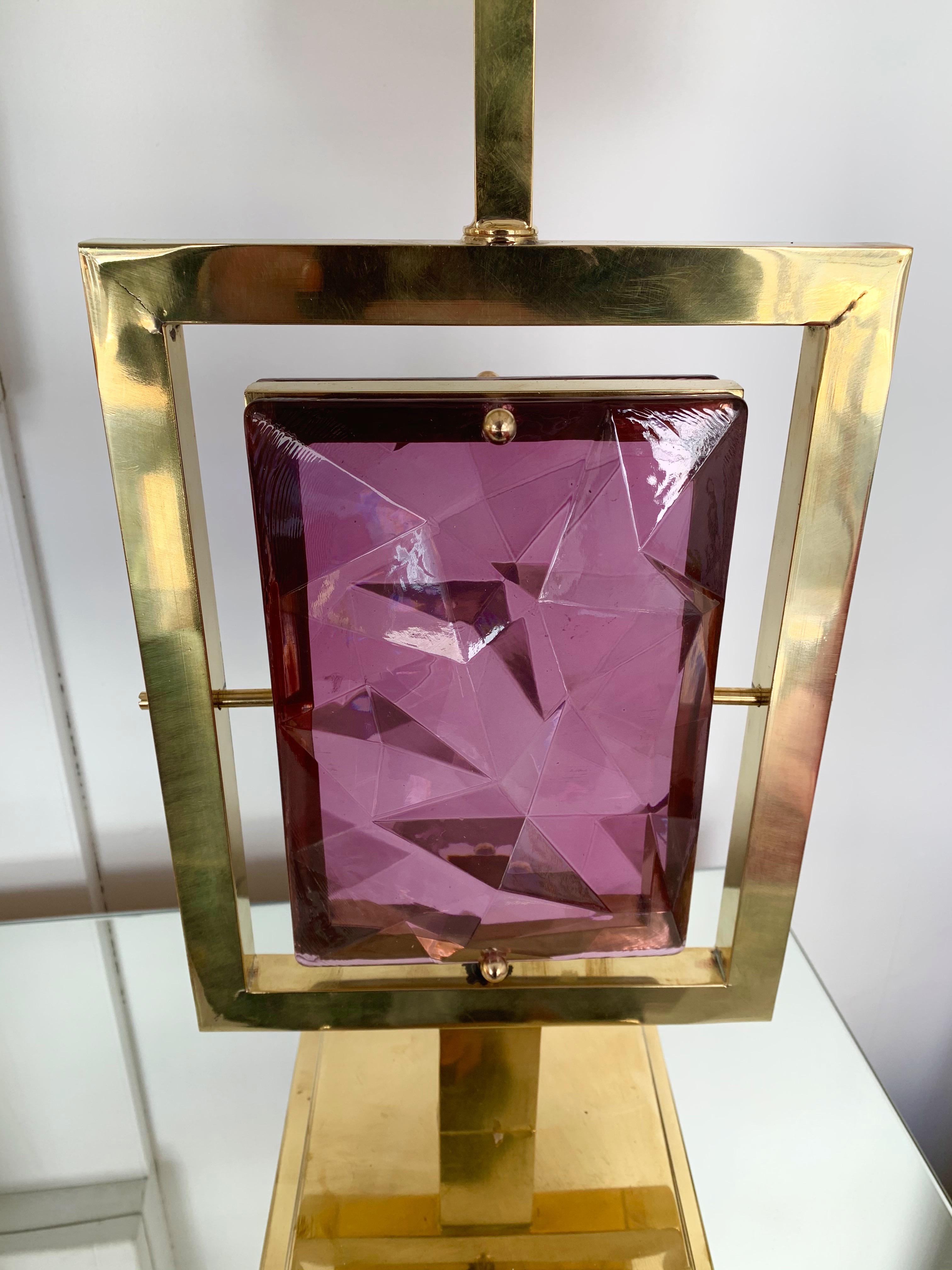 Pair of brass and faceted amethyst Murano glass table lamps. Contemporary work small Italian worshop. 

Measurements indicated without shades

To note: demonstration shades not included.