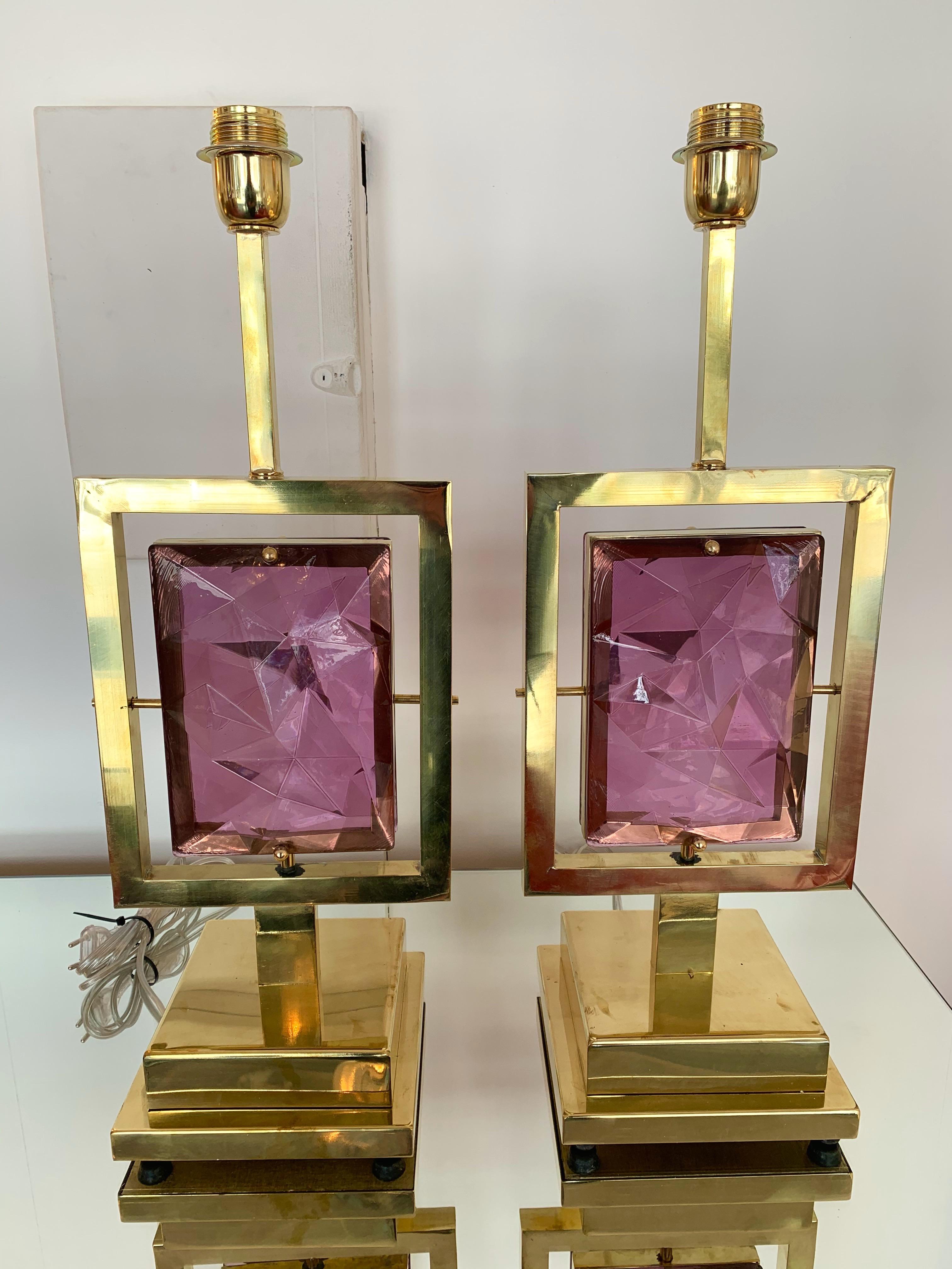Contemporary Pair of Brass Lamps Murano Glass, Italy For Sale 2