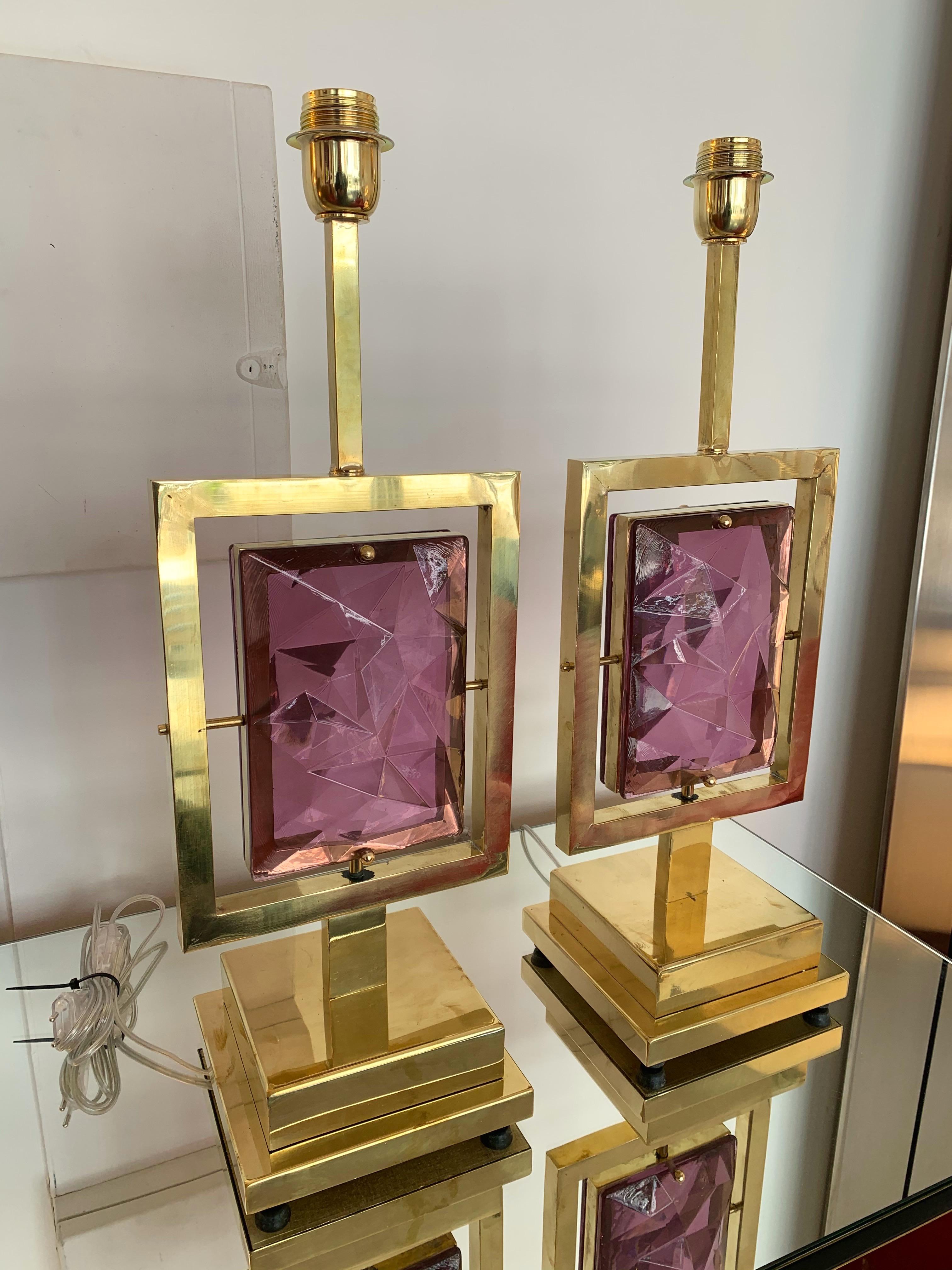 Paire de lampes contemporaines en laiton Verre de Murano:: Italie en vente 1