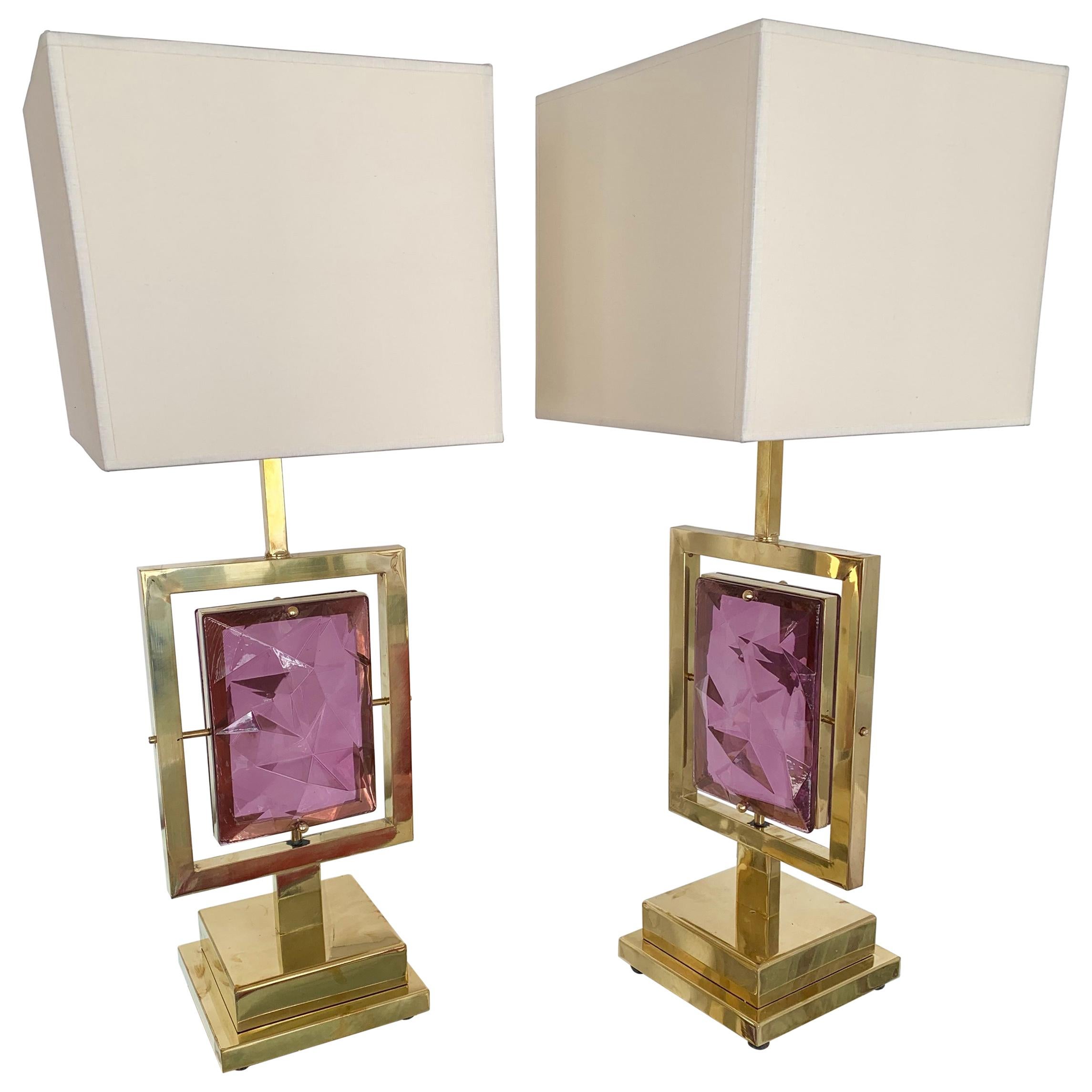 Contemporary Pair of Brass Lamps Murano Glass, Italy