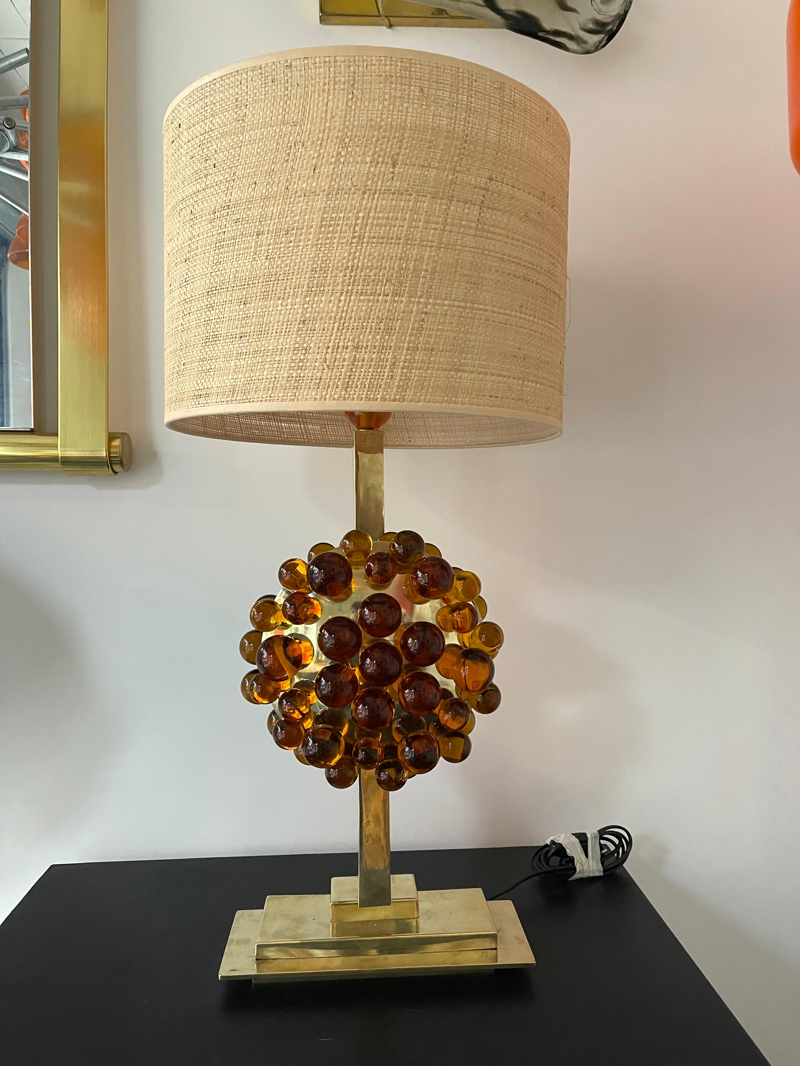 Contemporary Pair of Brass Murano Glass Amber Bubble Lamps, Italy For Sale 6