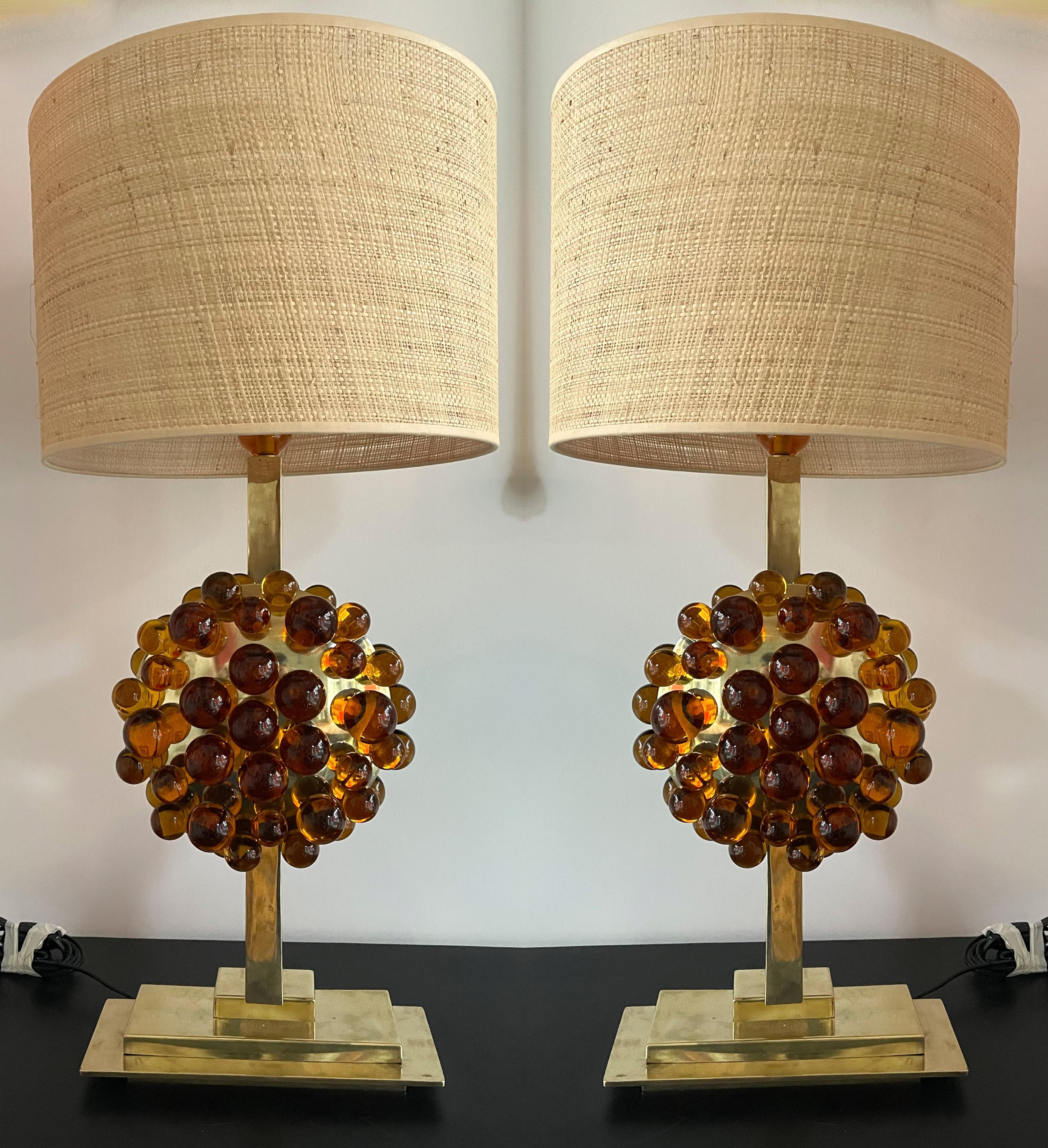 Contemporary Pair of Brass Murano Glass Amber Bubble Lamps, Italy For Sale 7