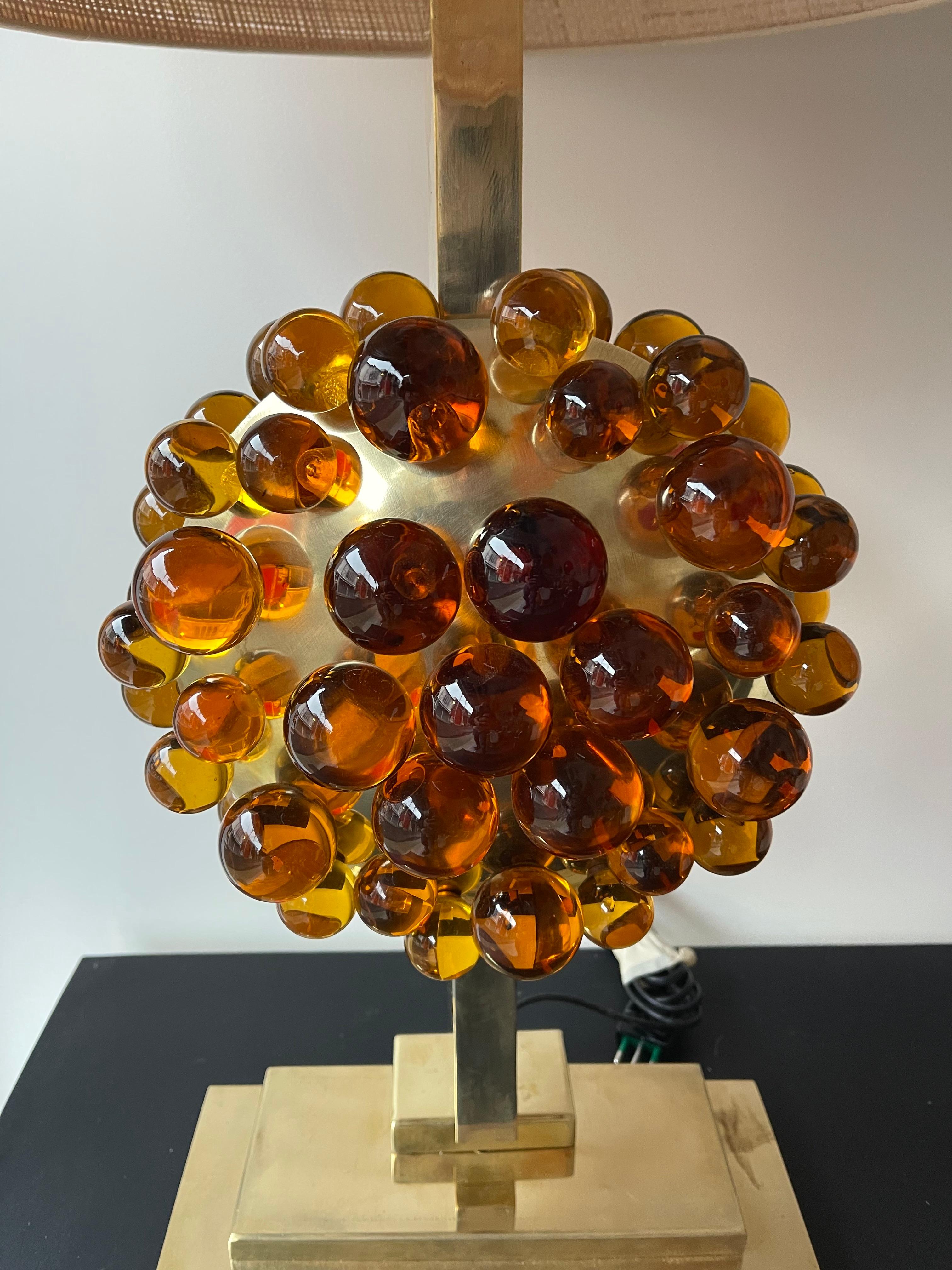 Contemporary Pair of Brass Murano Glass Amber Bubble Lamps, Italy For Sale 8