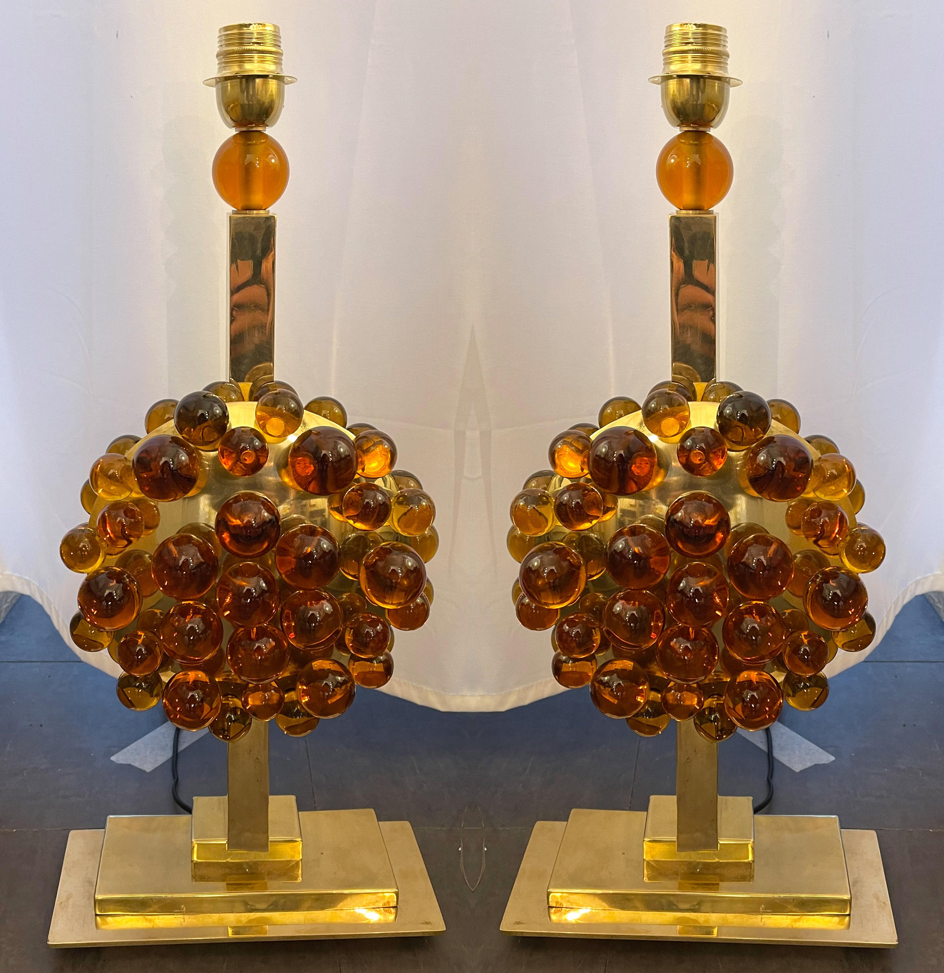 Contemporary Pair of Brass Murano Glass Amber Bubble Lamps, Italy For Sale 9