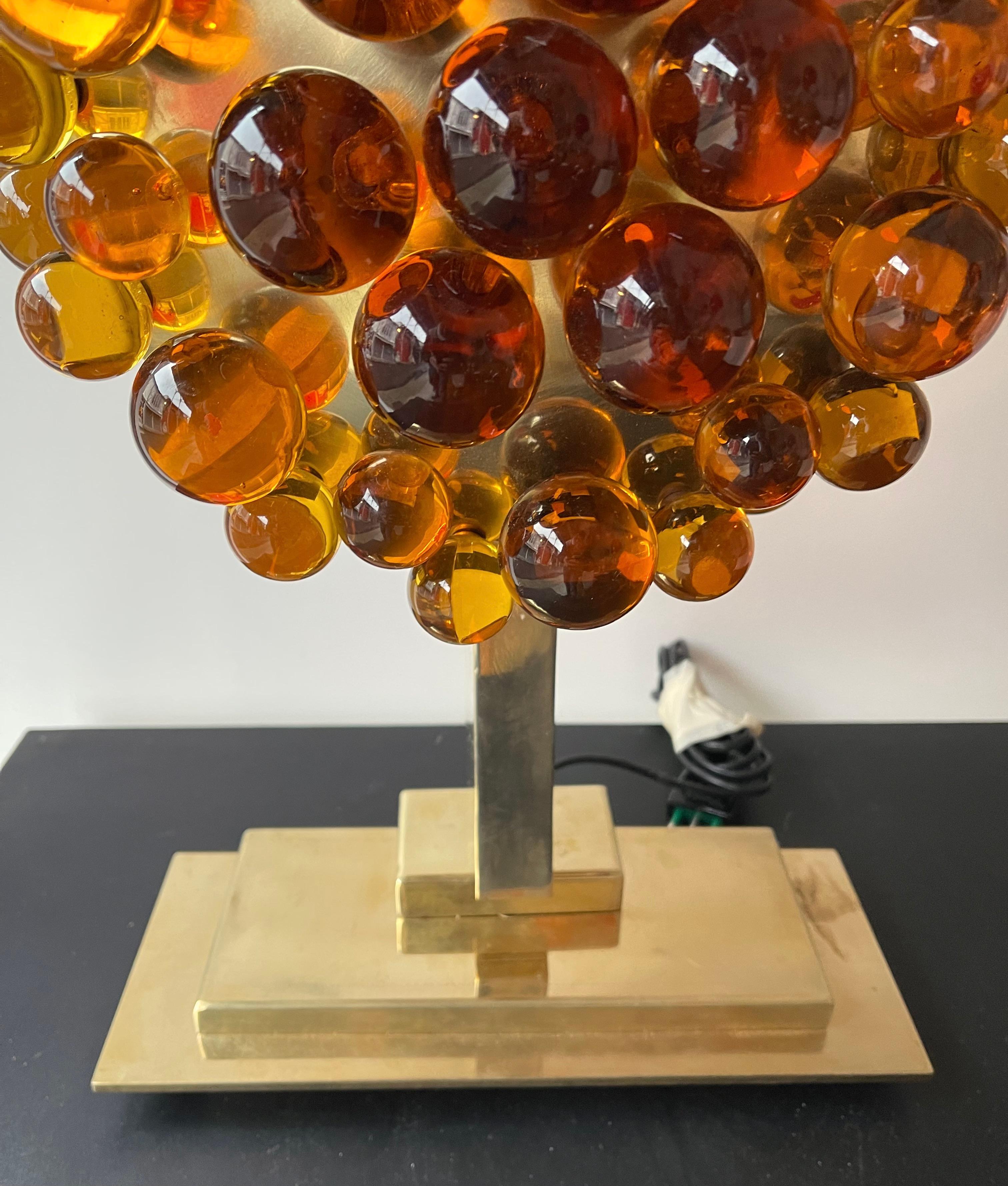 Contemporary Pair of Brass Murano Glass Amber Bubble Lamps, Italy For Sale 2