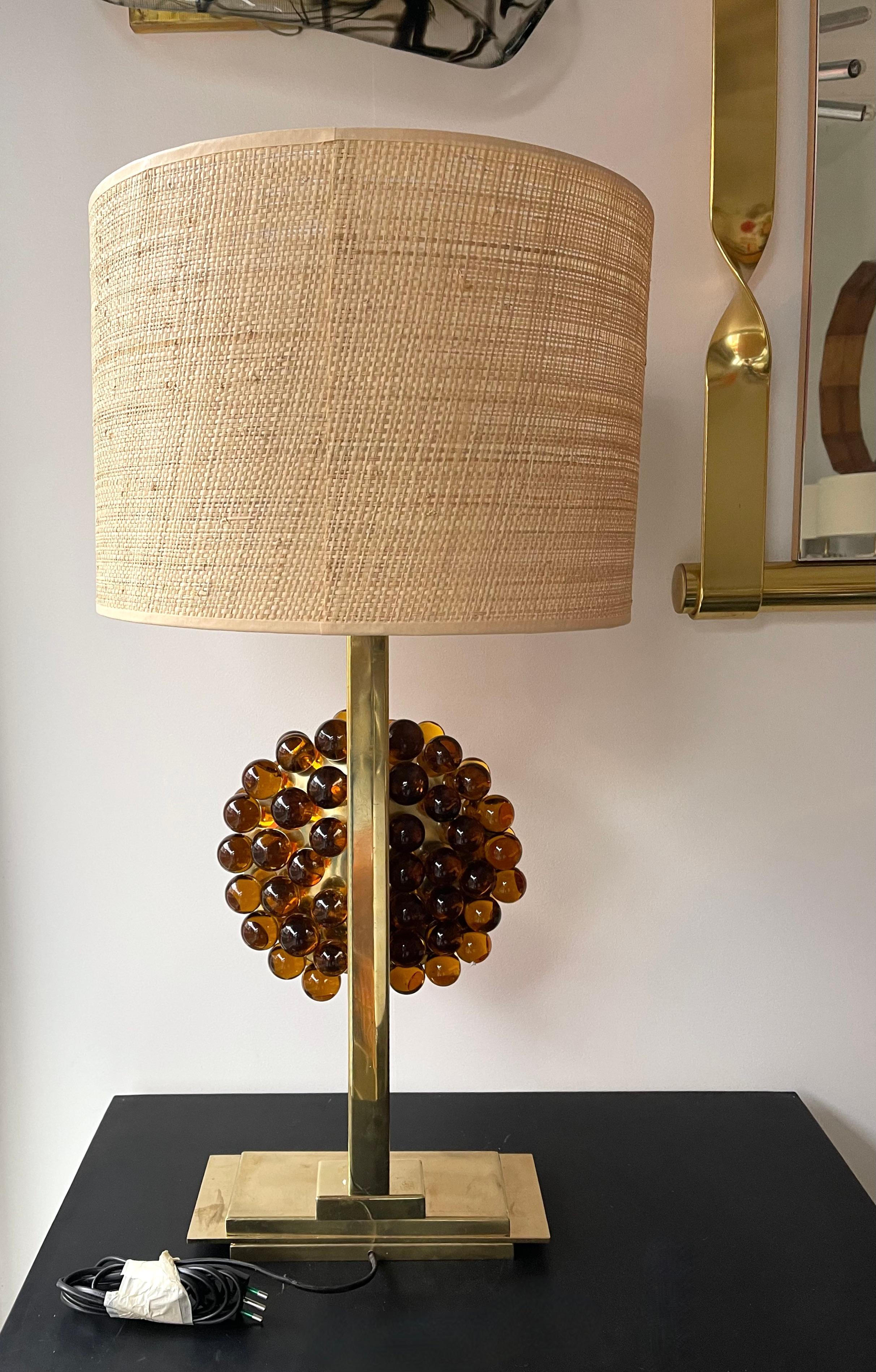 Contemporary Pair of Brass Murano Glass Amber Bubble Lamps, Italy For Sale 4