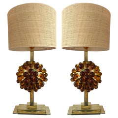 Contemporary Pair of Brass Murano Glass Amber Bubble Lamps, Italy