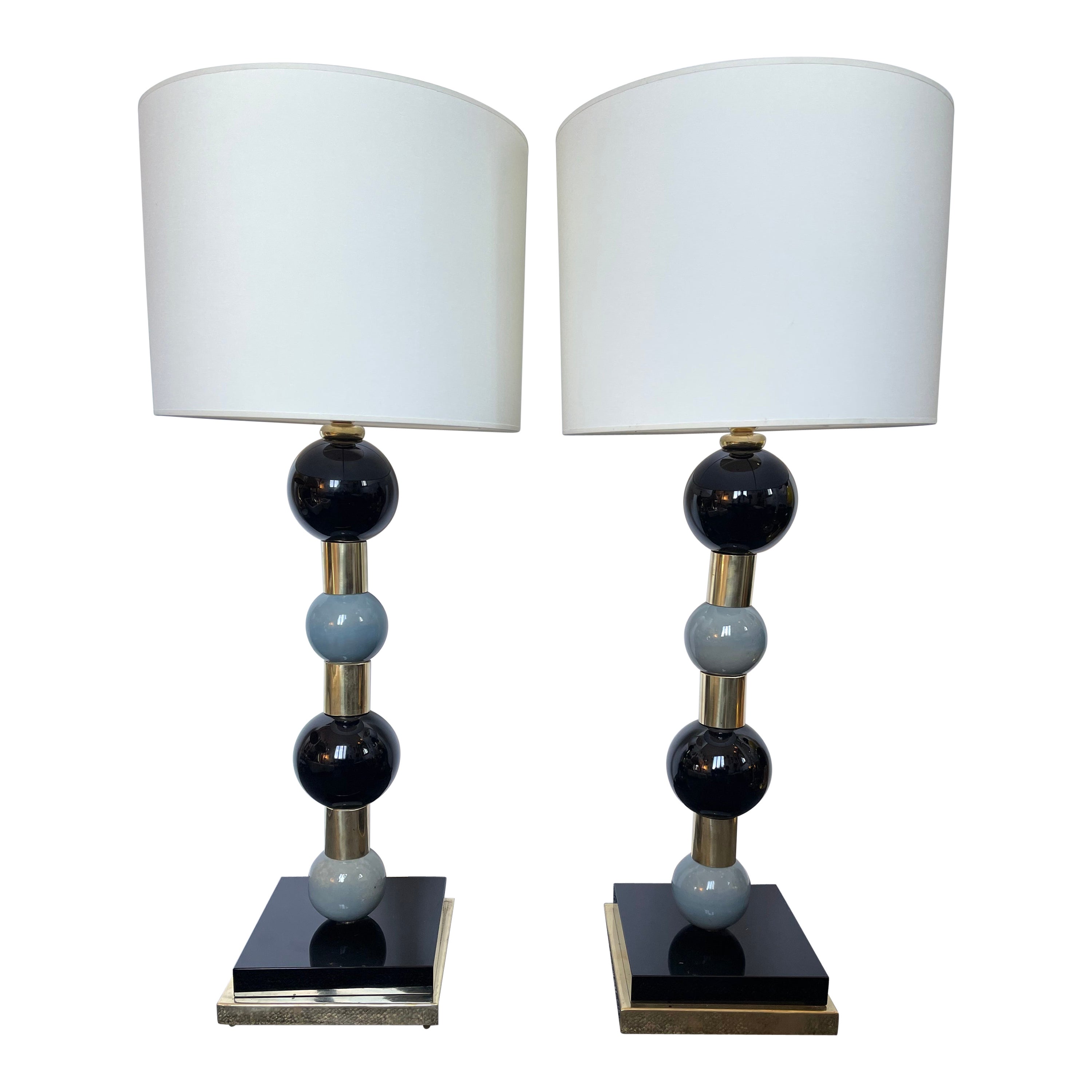 Paire de lampes contemporaines à boules en laiton, verre de Murano et céramique, Italie
